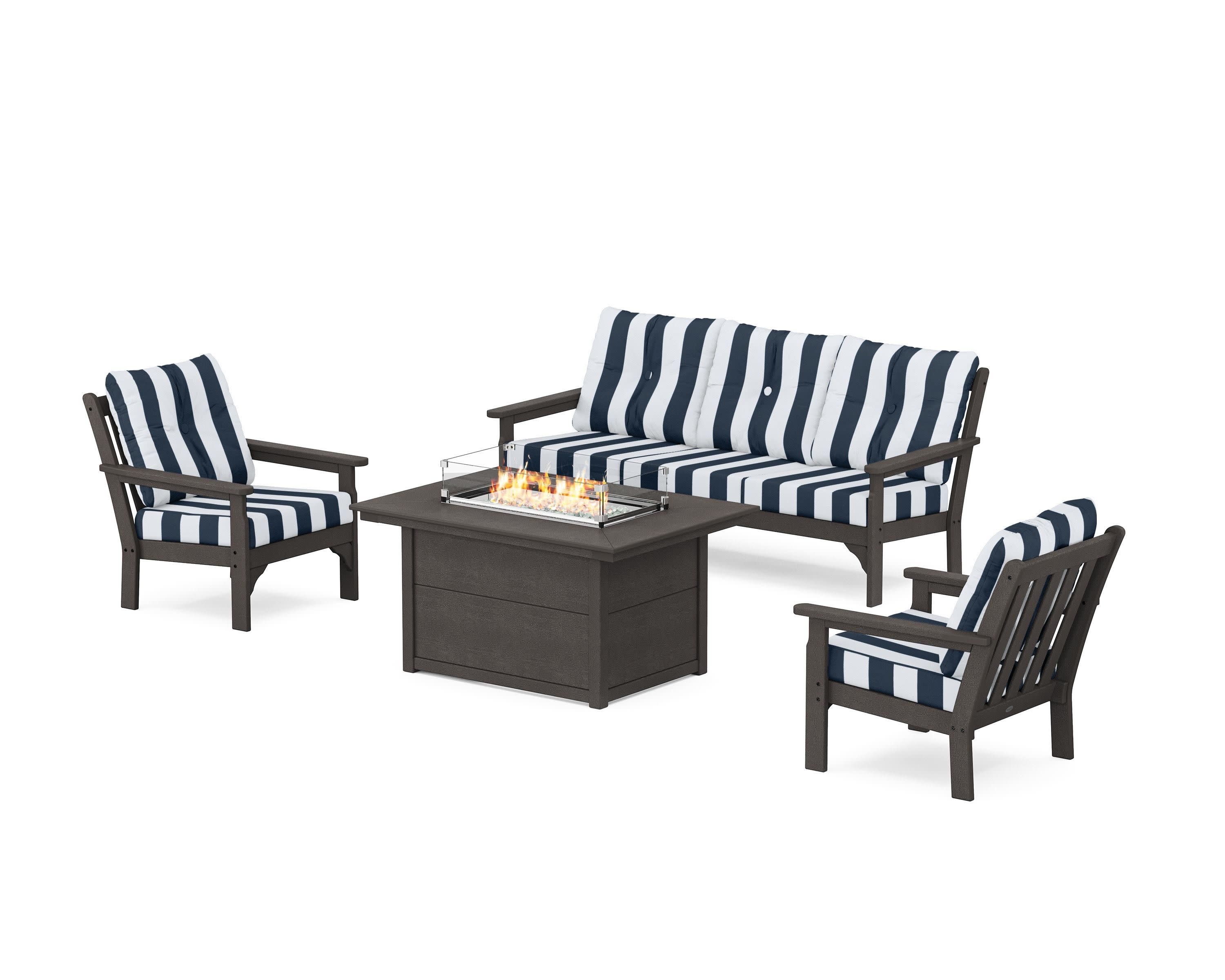 Vineyard Deep Seating Fire Pit Table Set in Vintage Coffee / Cabana Stripe Marine Indigo