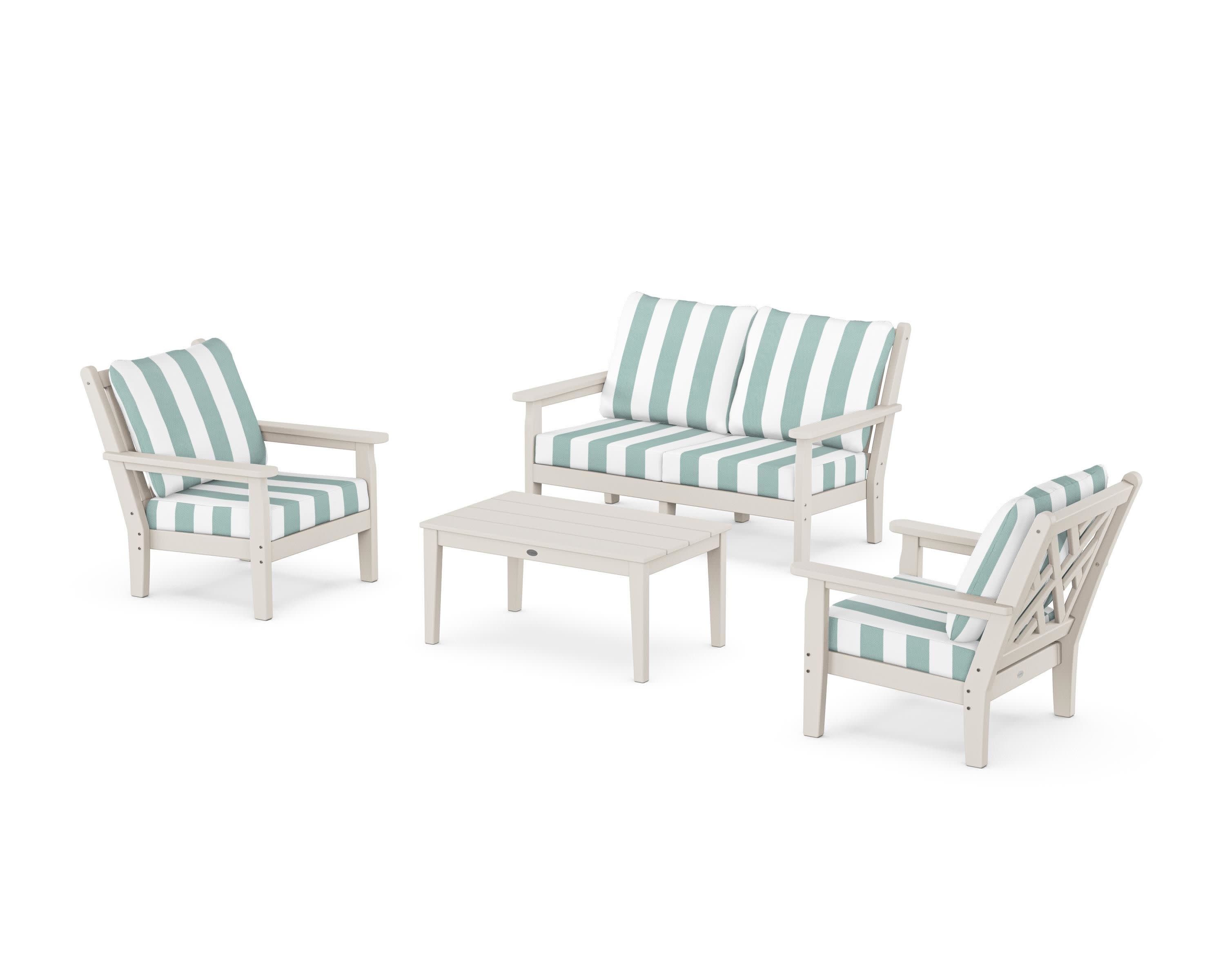 Chippendale 4-Piece Deep Seating Set with Loveseat in Sand / Cabana Stripe Glacier Spa