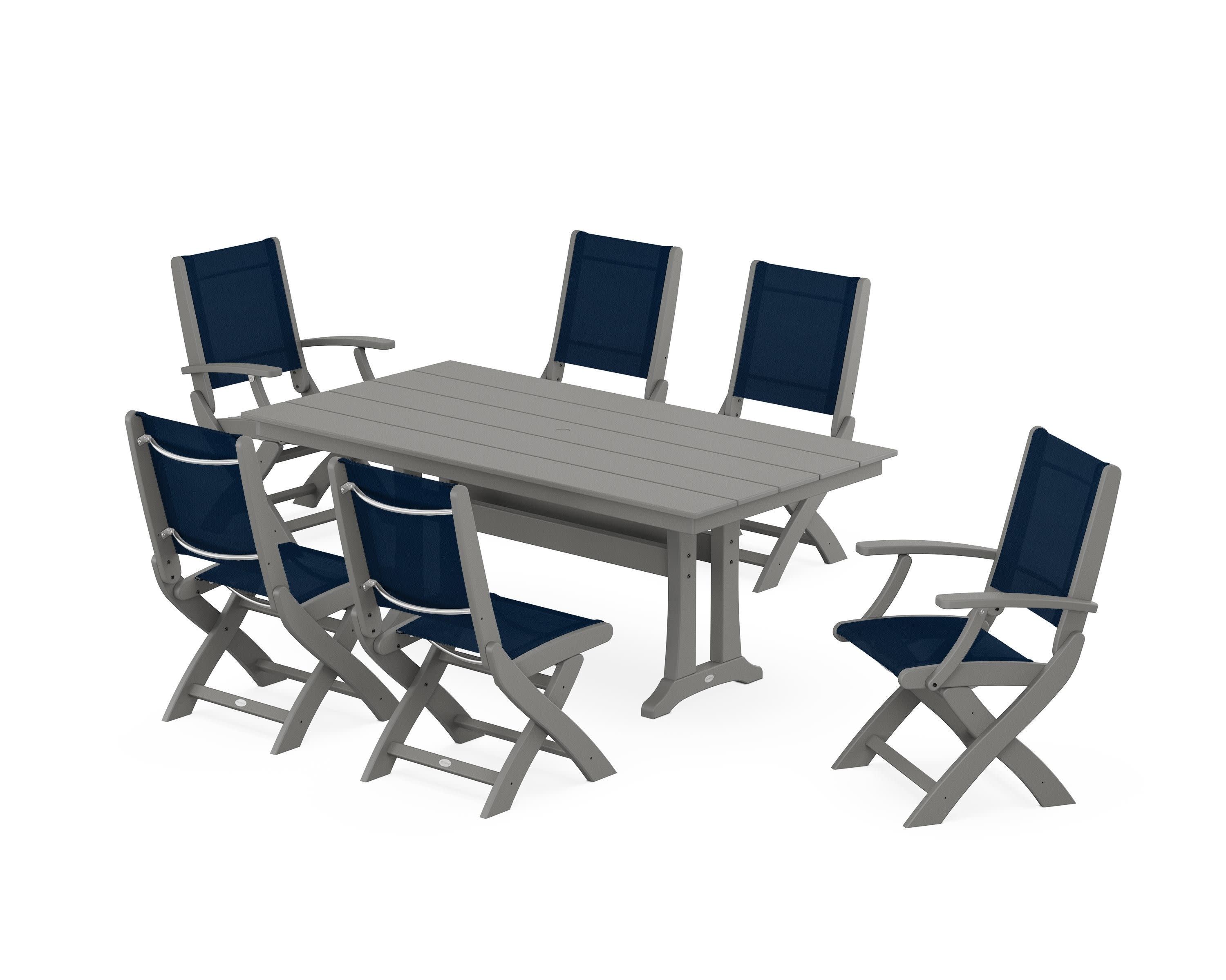 Coastal Folding Chair 7-Piece Farmhouse Dining Set with Trestle Legs in Slate Grey / Navy Blue Sling
