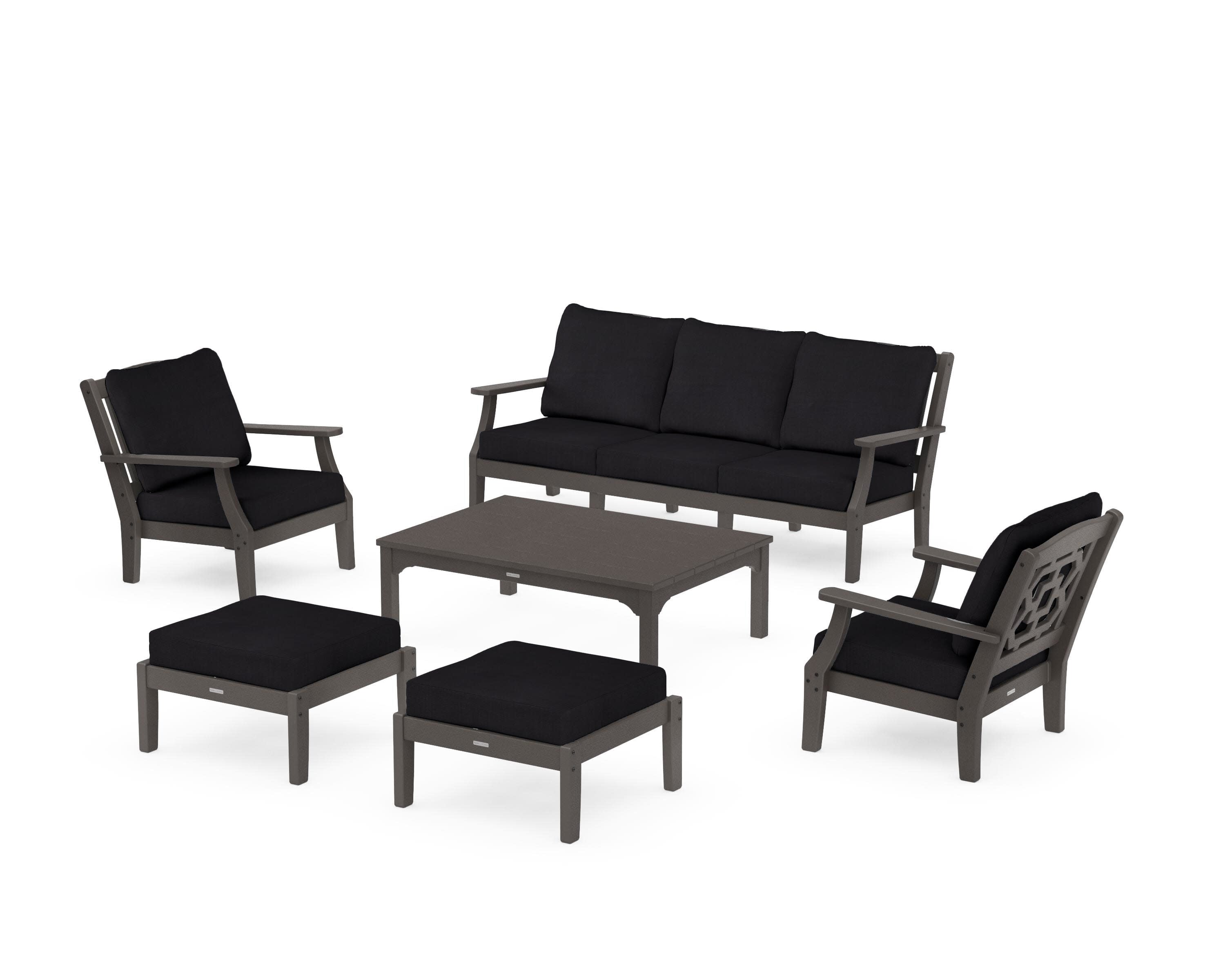 Chinoiserie 6-Piece Lounge Sofa Set in Vintage Coffee / Midnight Linen