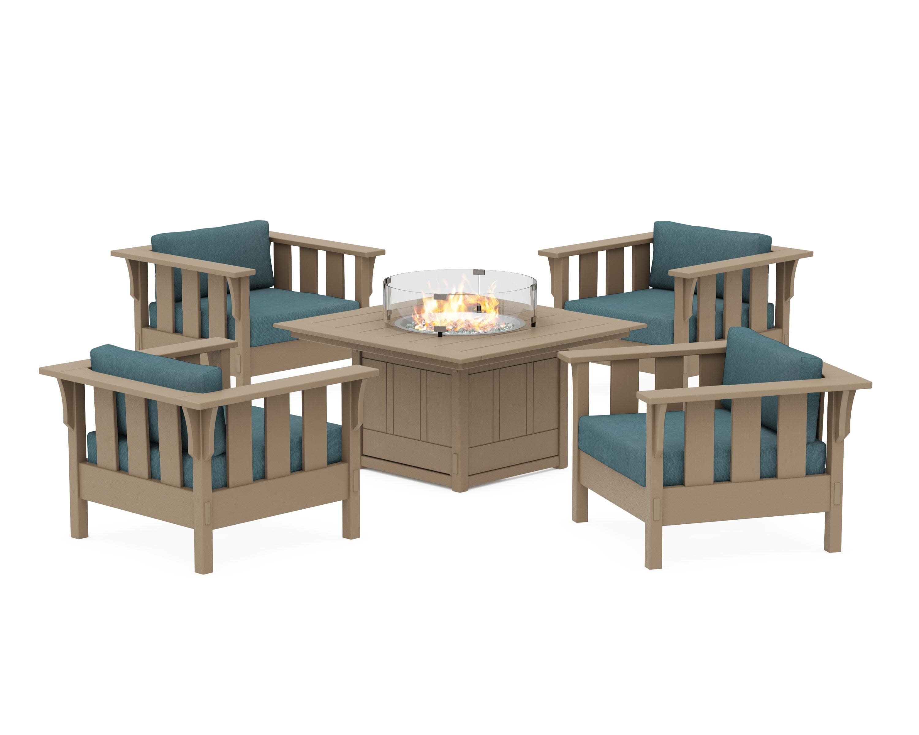 Acadia 5-Piece Deep Seating Set with Fire Pit Table in Vintage Sahara / Ocean Teal