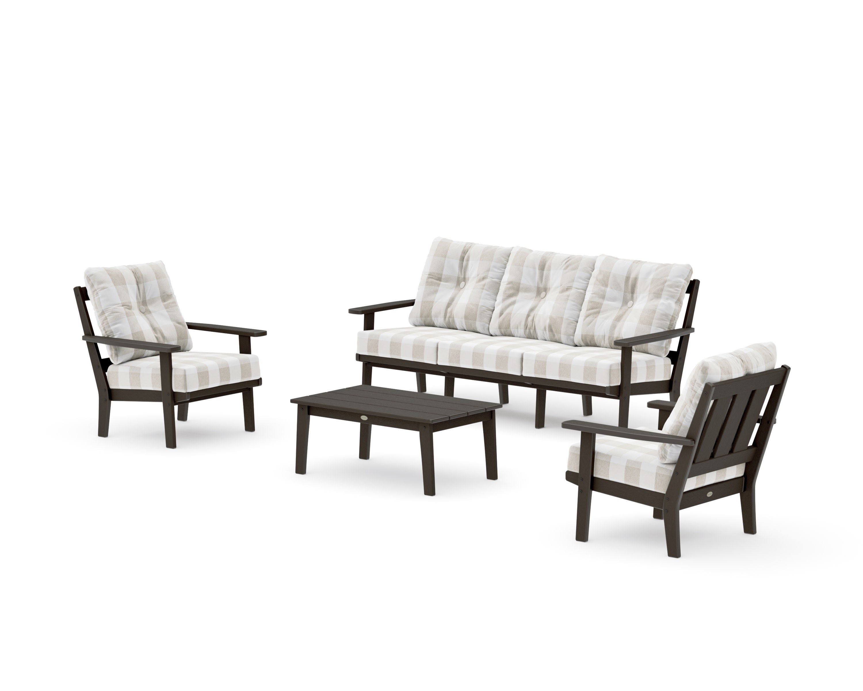 Oxford 4-Piece Deep Seating Set with Sofa in Vintage Coffee / Buffalo Plaid Dune Burlap