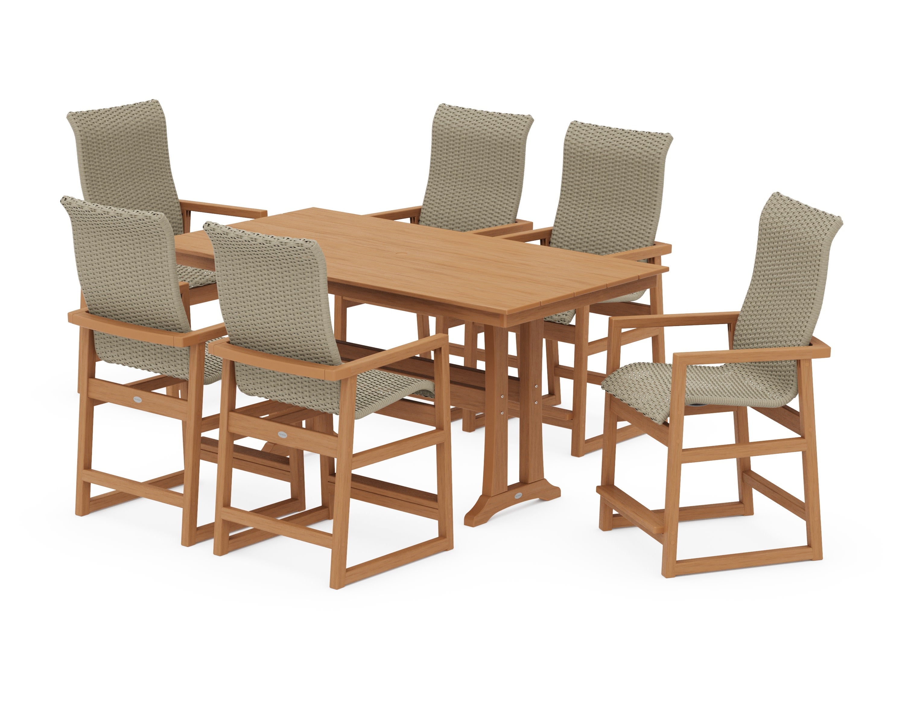 EDGE Woven Highback Arm Chair 7-Piece Farmhouse Counter Set with Trestle Legs in Natural / Dune Grass