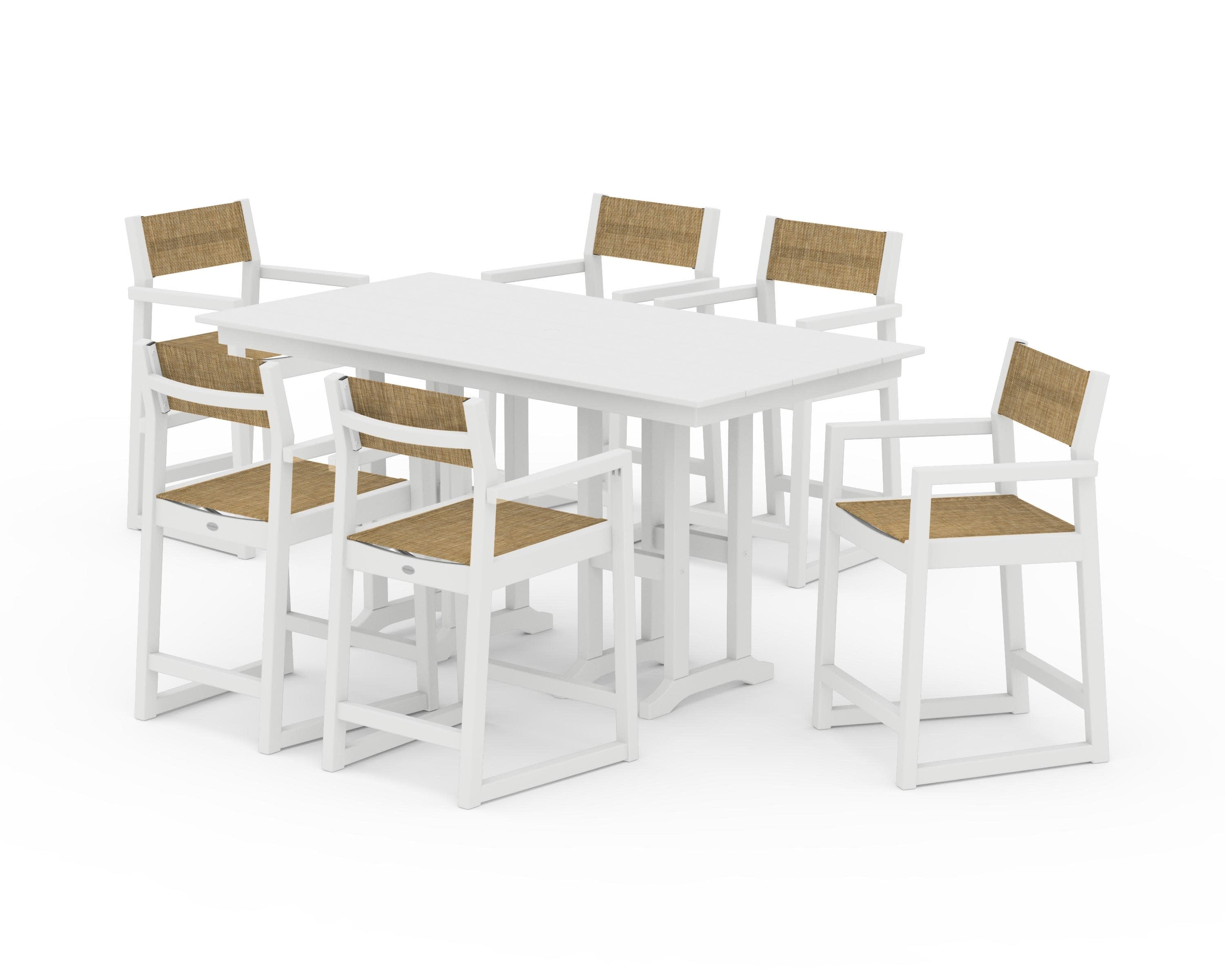 EDGE Sling Arm Chair 7-Piece Farmhouse Counter Set in White / Burlap Sling