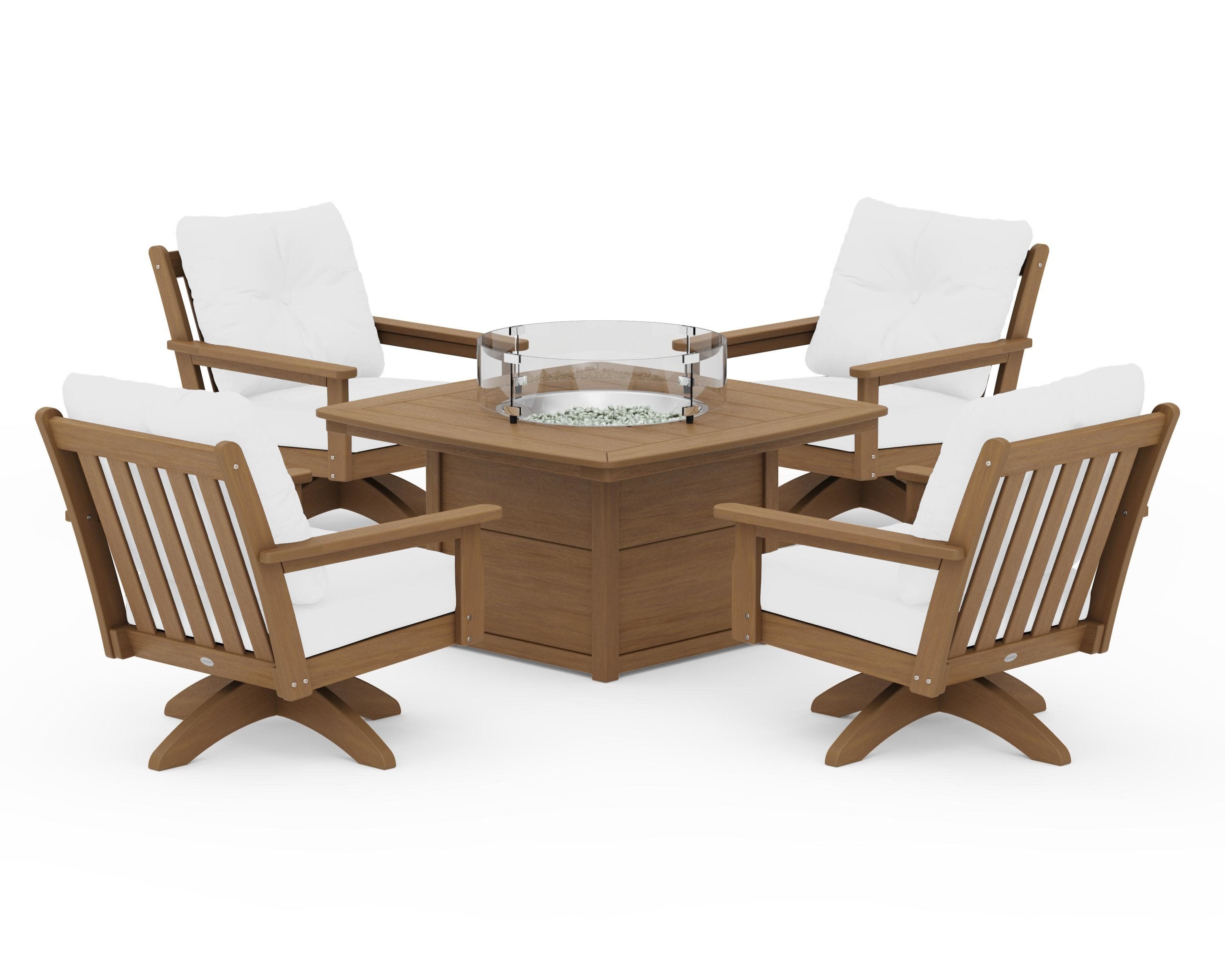Vineyard 5-Piece Deep Seating Swivel Conversation Set with Fire Pit Table in Natural / Natural