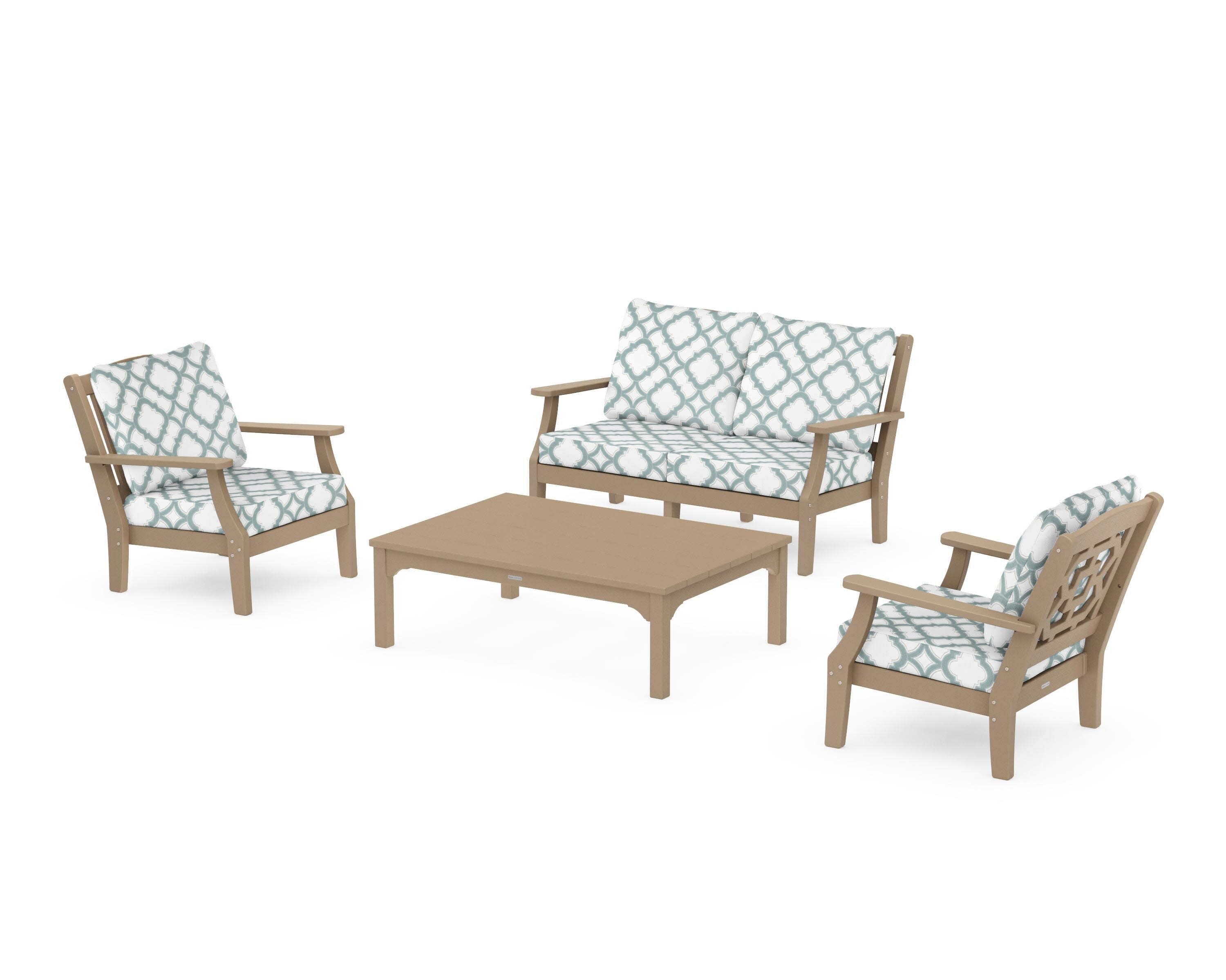 Chinoiserie 4-Piece Deep Seating Set with Loveseat in Vintage Sahara / Trellis Glacier Spa