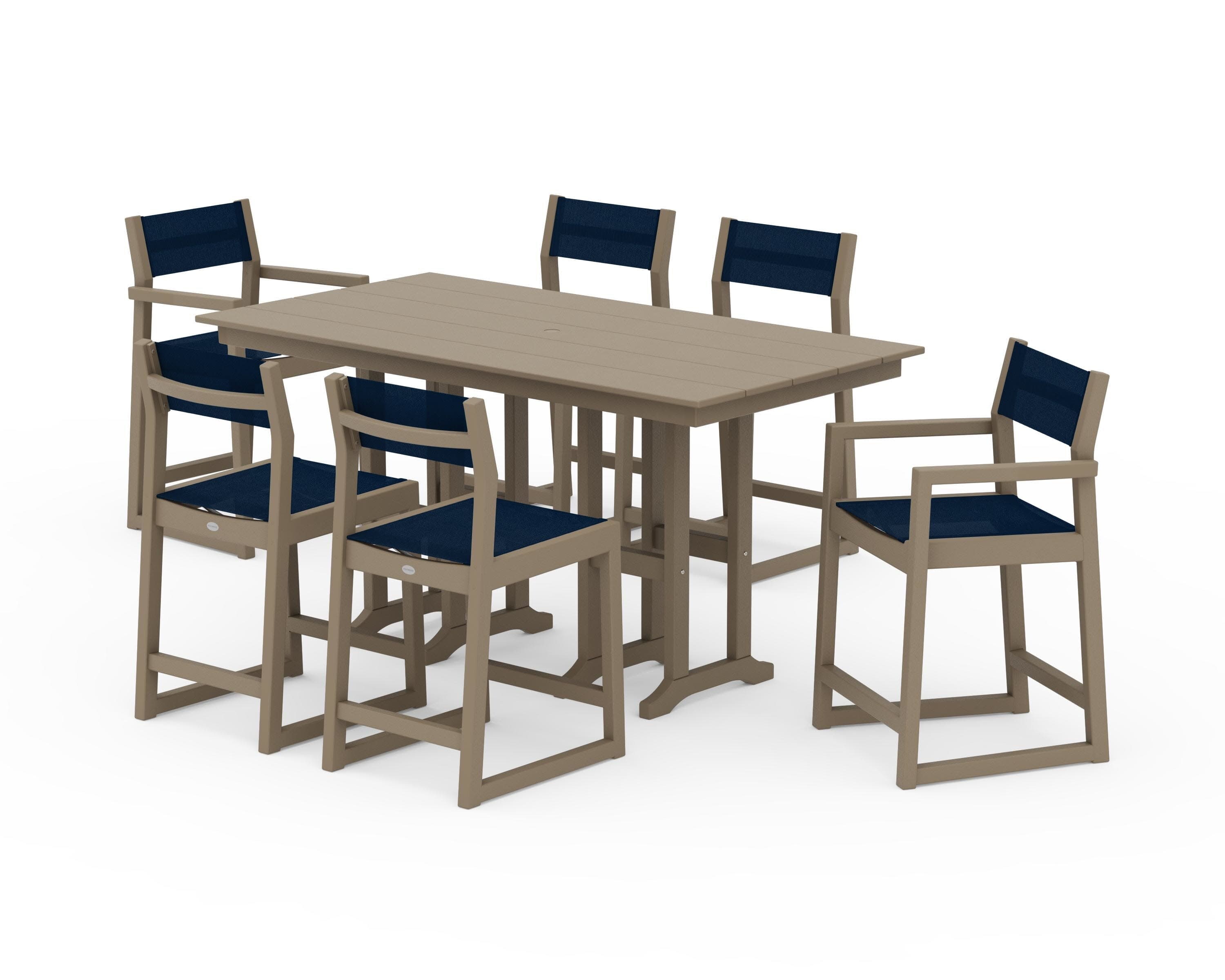 EDGE Sling 7-Piece Farmhouse Counter Set in Vintage Sahara / Navy Blue Sling