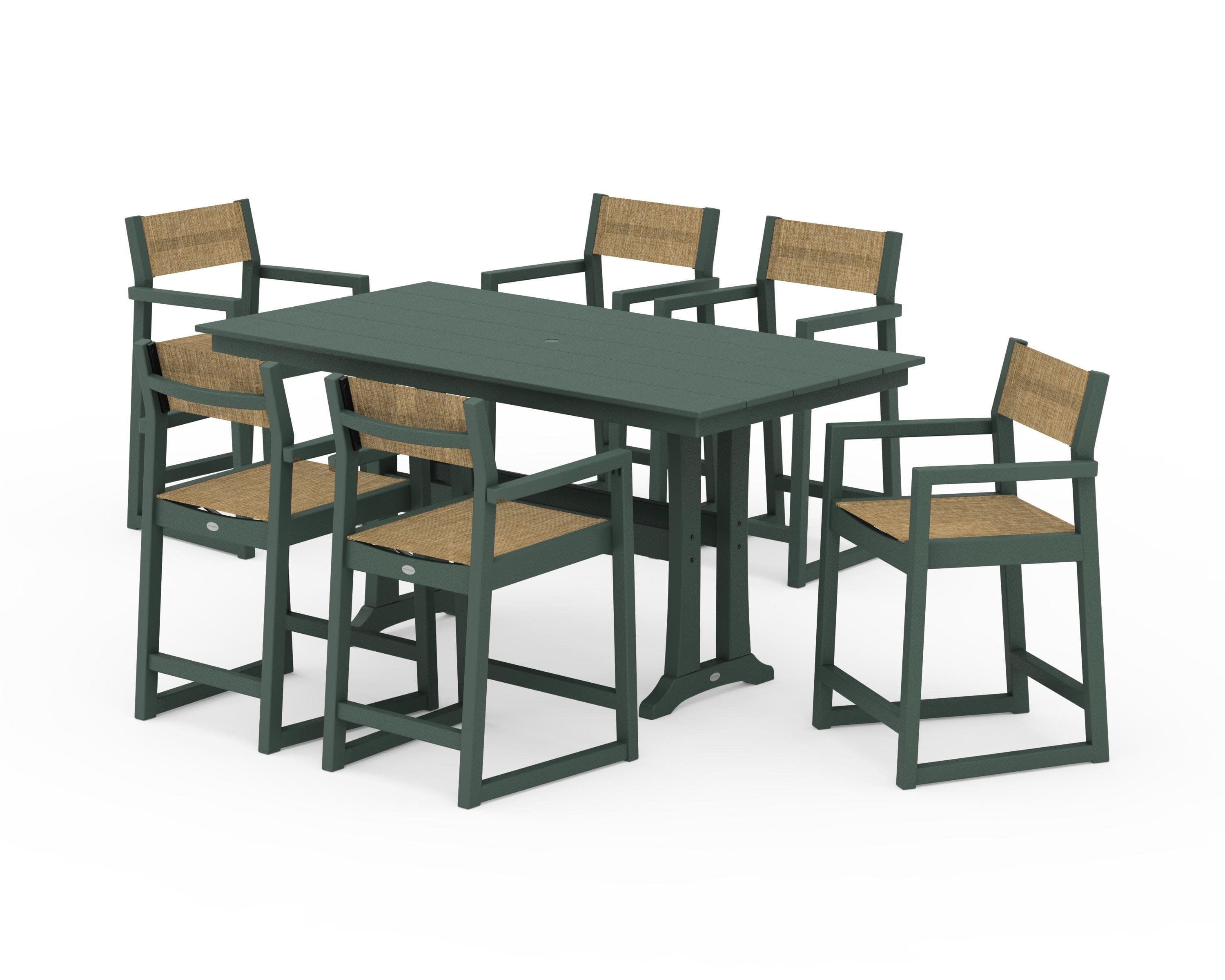 EDGE Sling Arm Chair 7-Piece Farmhouse Counter Set with Trestle Legs in Green / Burlap Sling