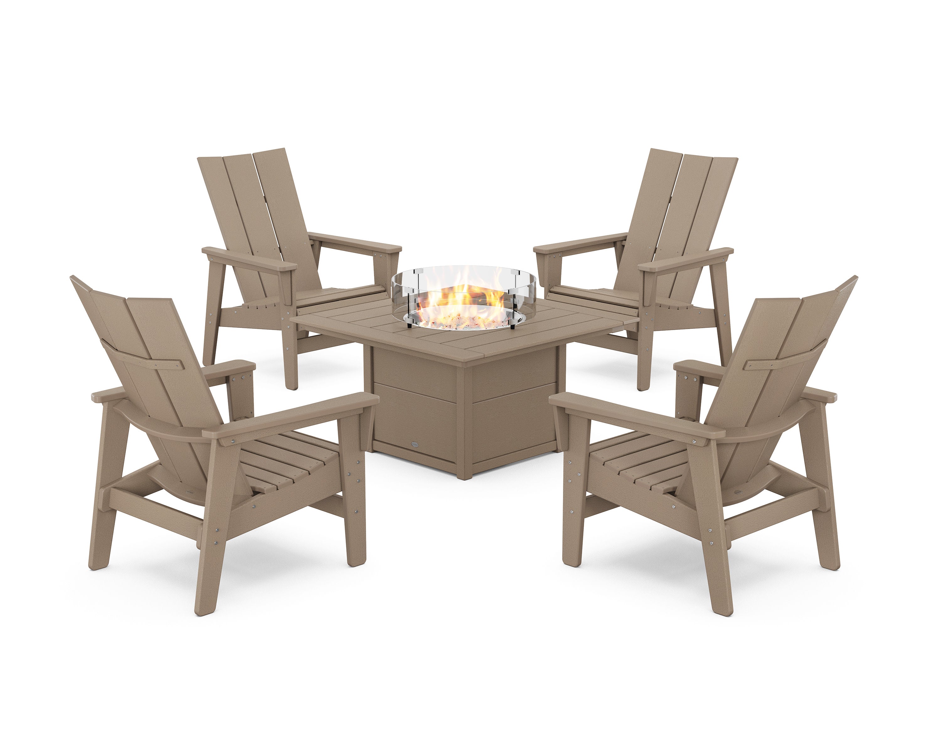 5-Piece Modern Grand Upright Adirondack Conversation Set with Fire Pit Table in Vintage Sahara