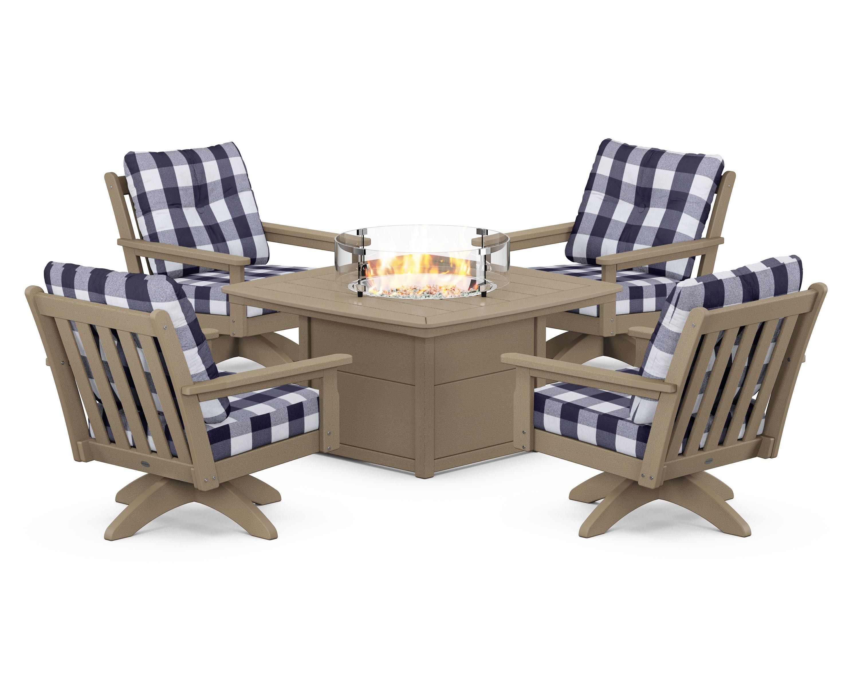Vineyard 5-Piece Deep Seating Swivel Conversation Set with Fire Pit Table in Vintage Sahara / Buffalo Plaid Navy