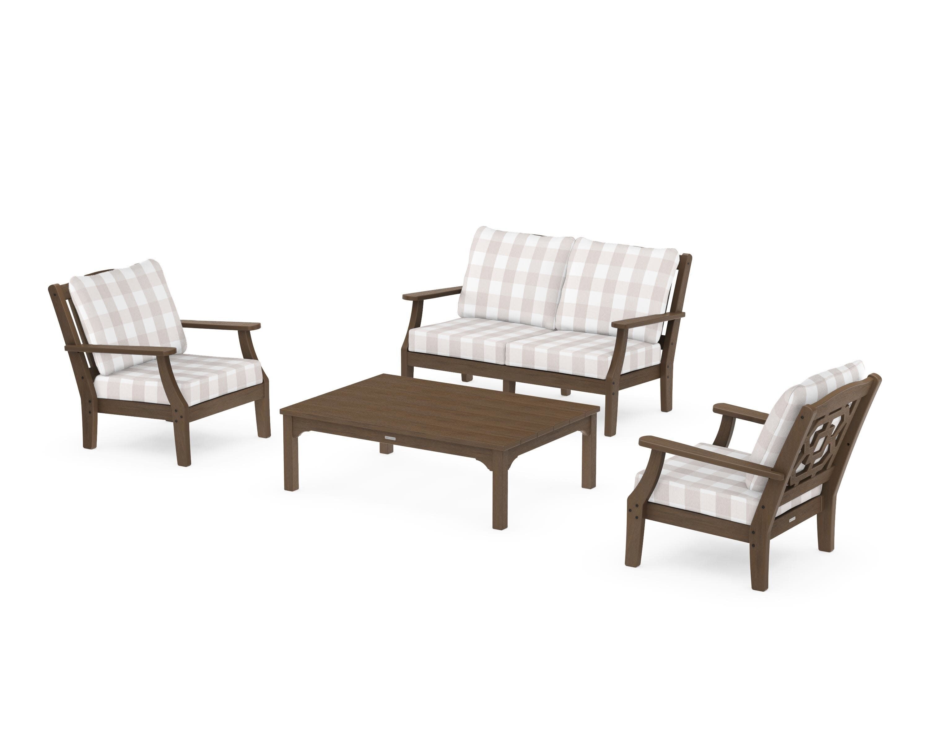 Chinoiserie 4-Piece Deep Seating Set with Loveseat in Kona / Buffalo Plaid Dune Burlap