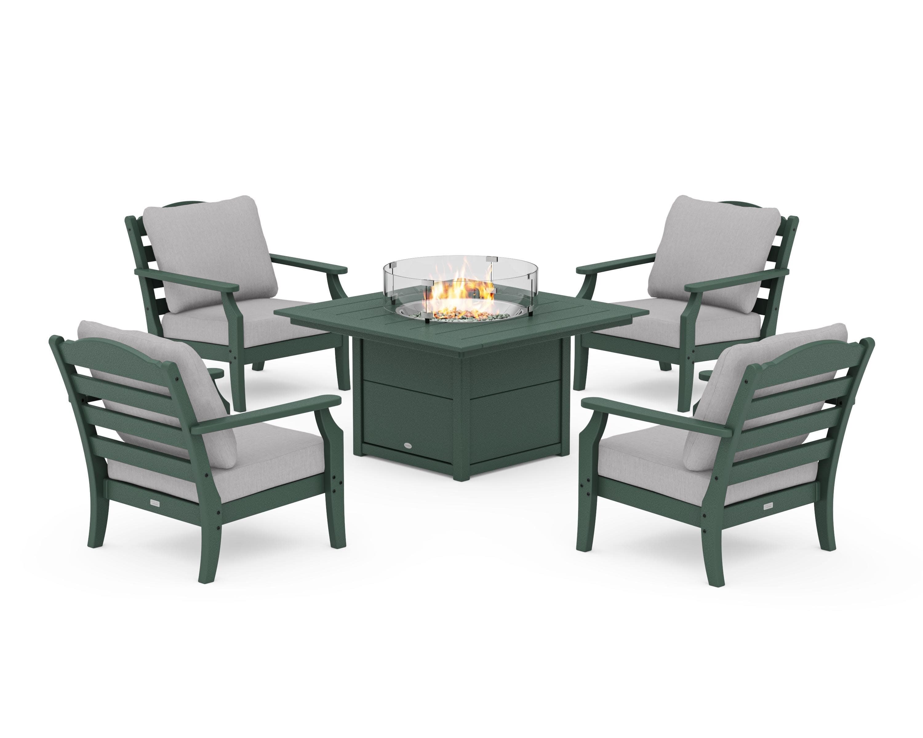 Savannah 5-Piece Deep Seating Set with Fire Pit Table in Green / Granite