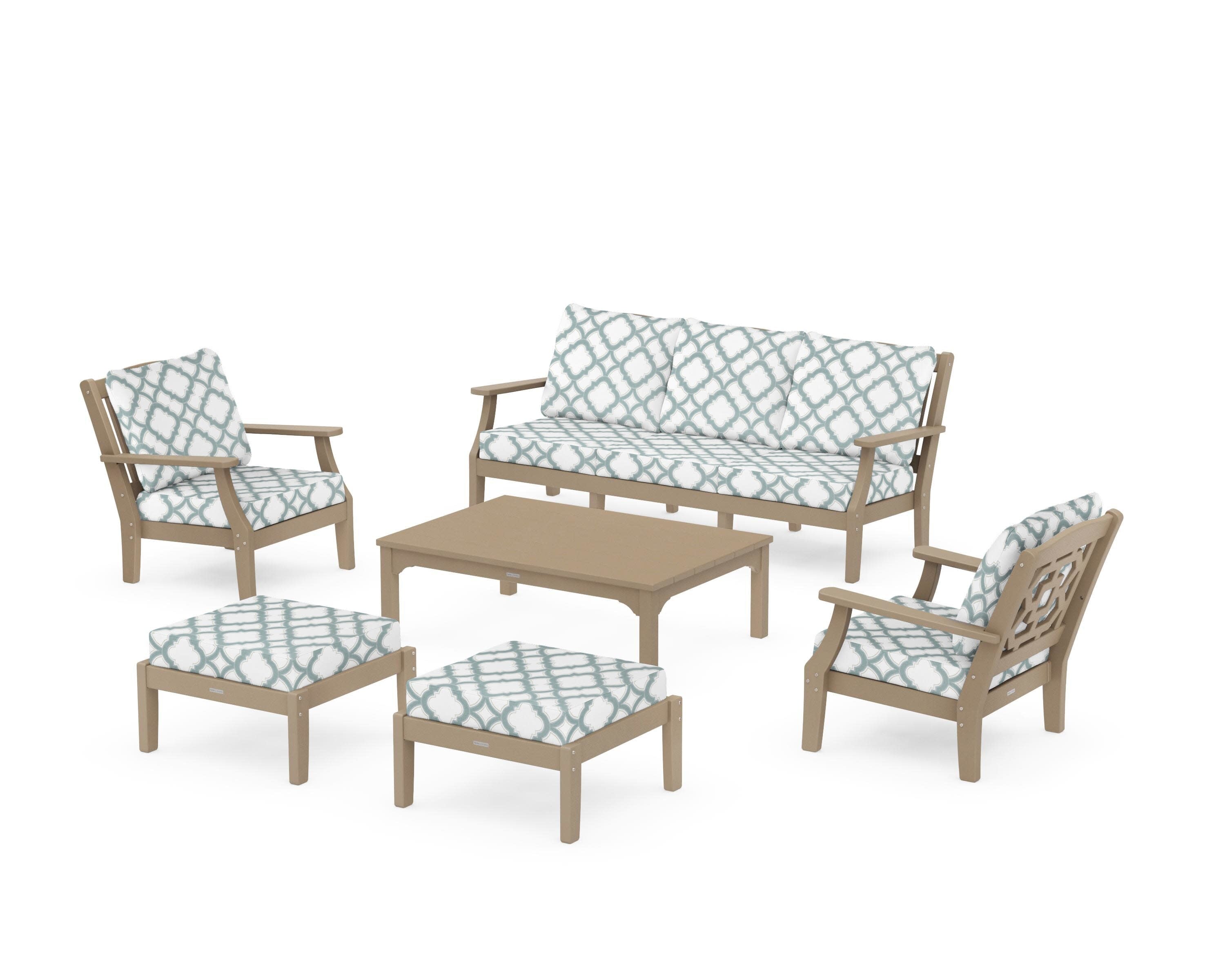 Chinoiserie 6-Piece Lounge Sofa Set in Vintage Sahara / Trellis Glacier Spa