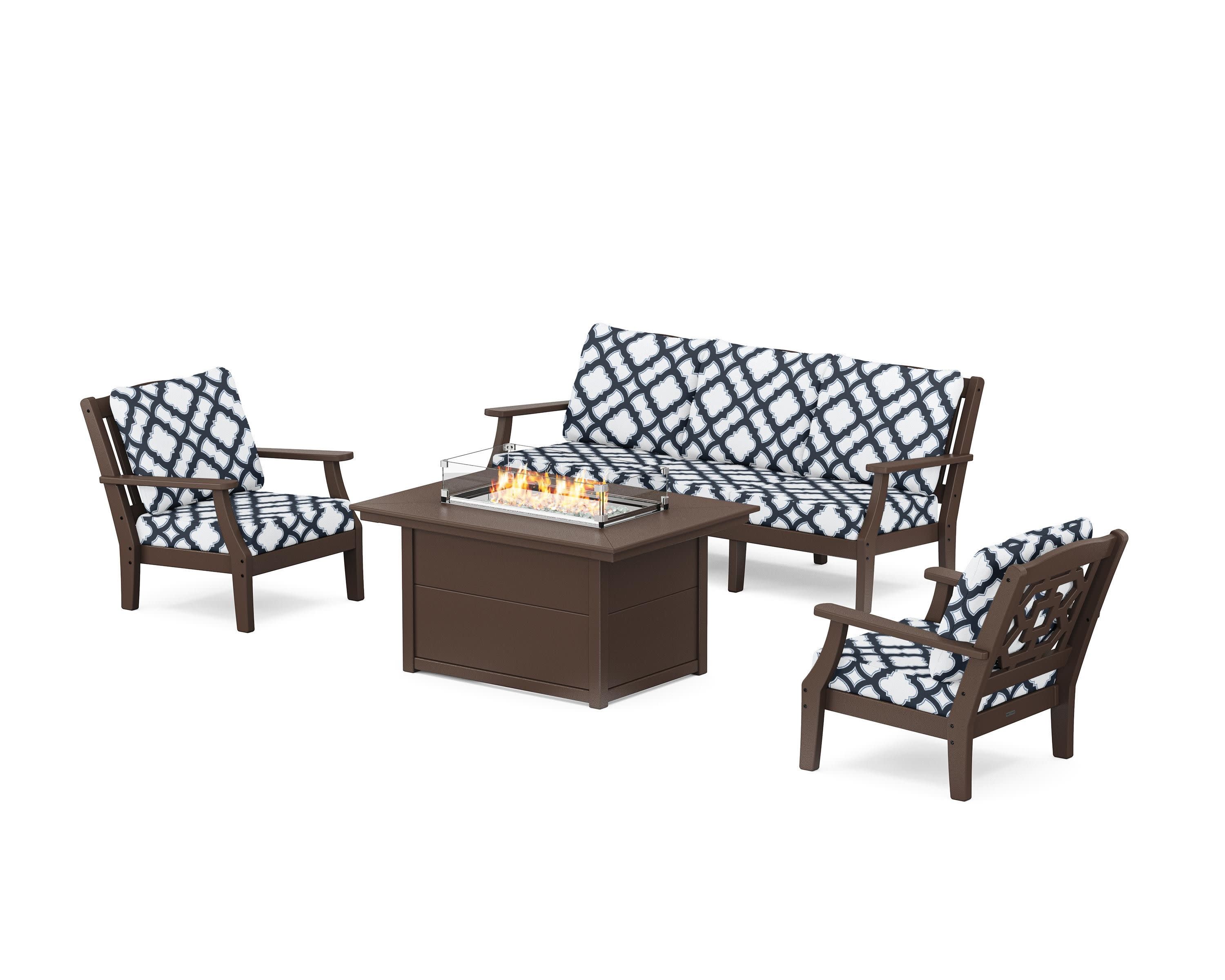 Chinoiserie Deep Seating Fire Pit Table Set in Mahogany / Trellis Marine Indigo