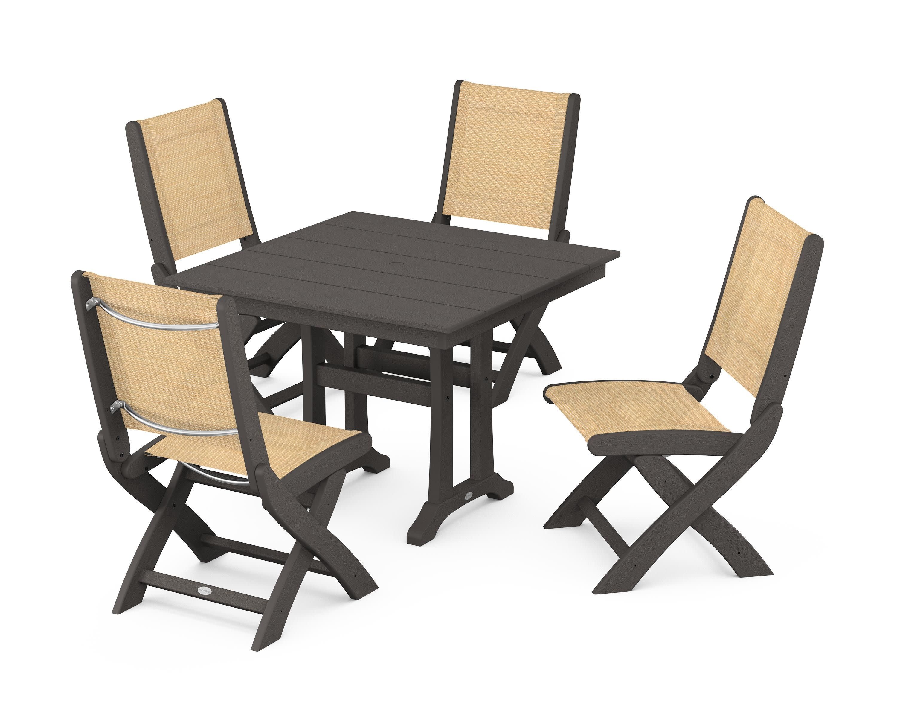 Coastal Folding Side Chair 5-Piece Farmhouse Dining Set With Trestle Legs in Vintage Coffee / Dupioni Apricot Sling