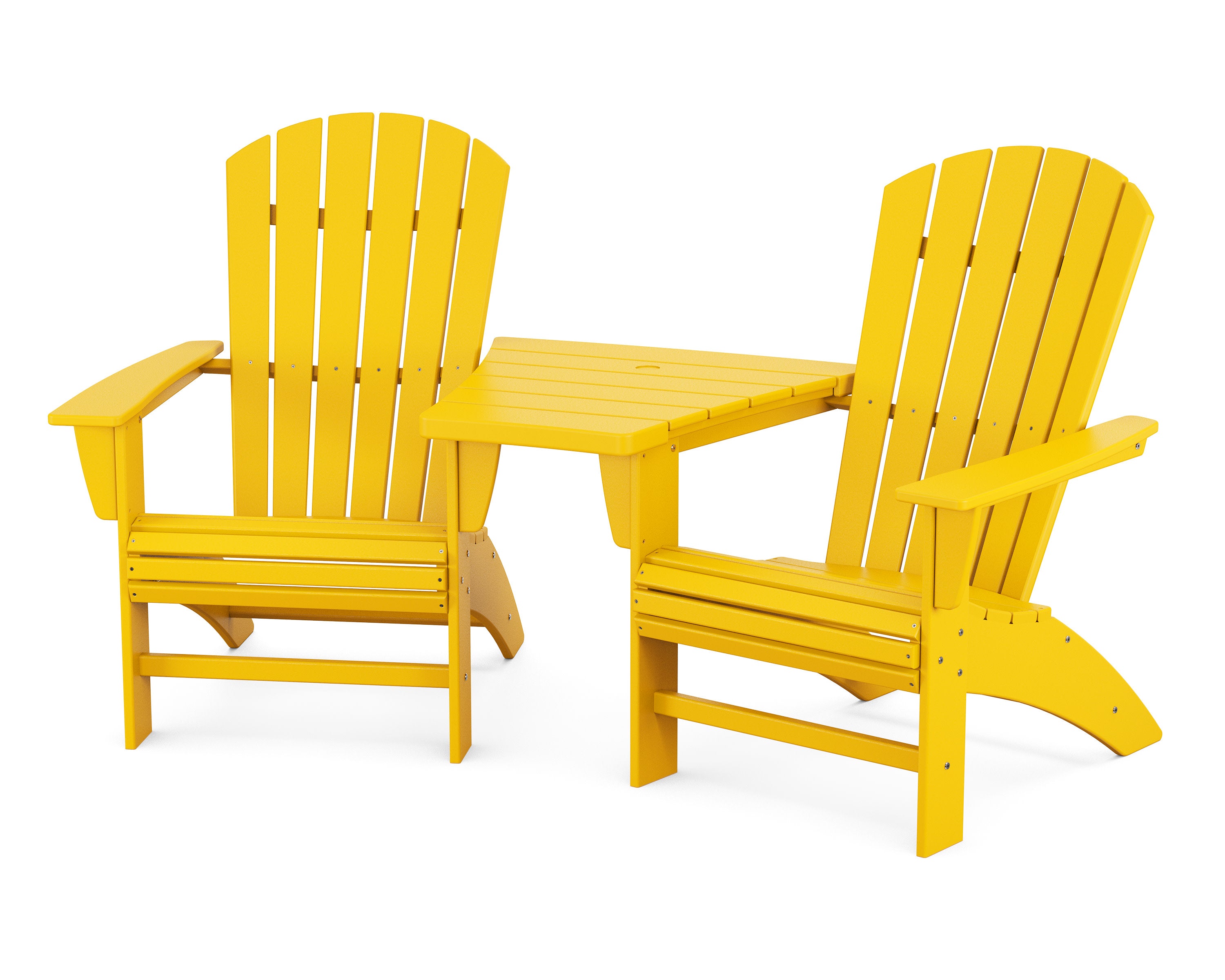 Nautical 3-Piece Curveback Adirondack Set with Angled Connecting Table in Lemon