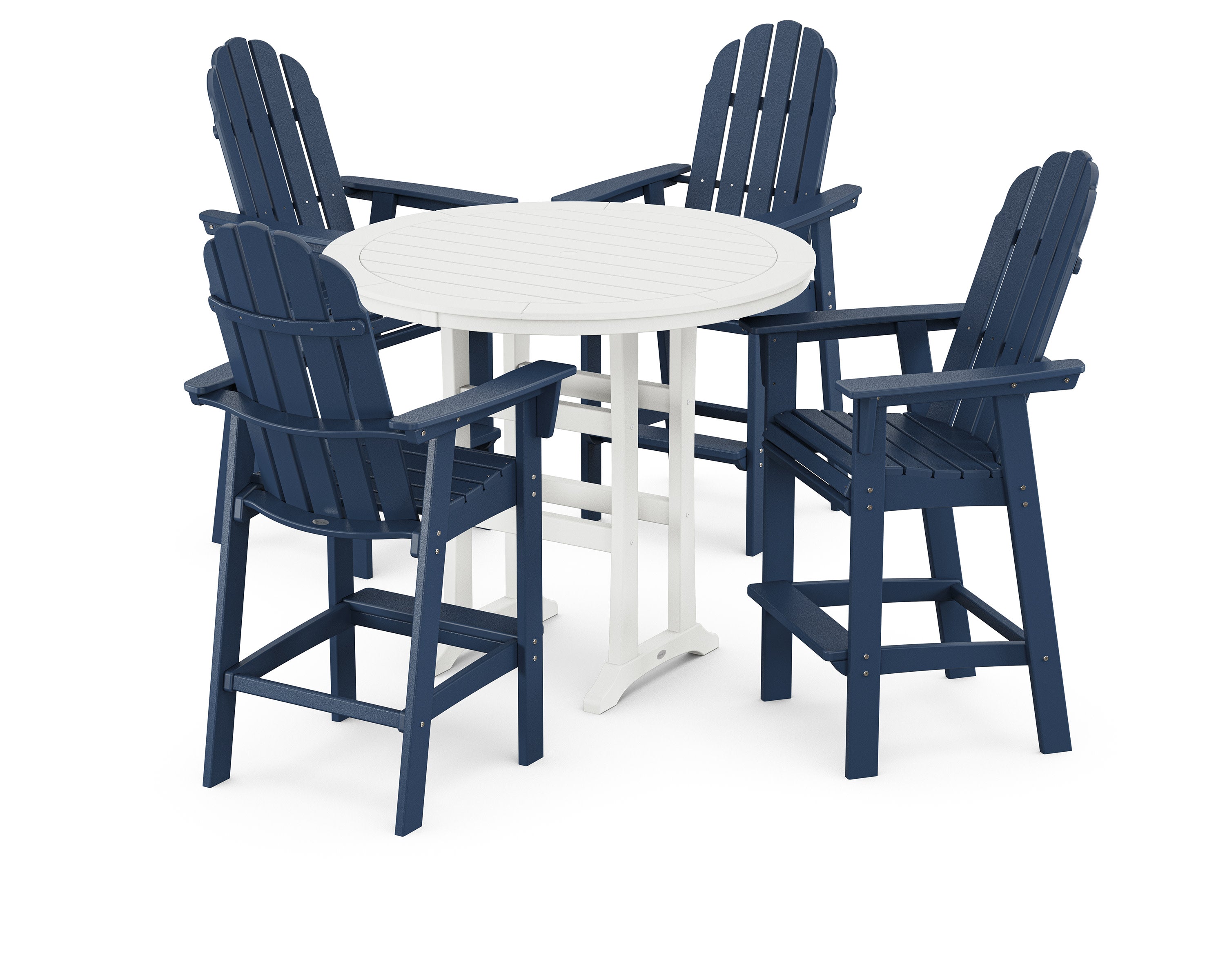 Vineyard Curveback Adirondack 5-Piece Nautical Trestle Bar Set in Navy / White