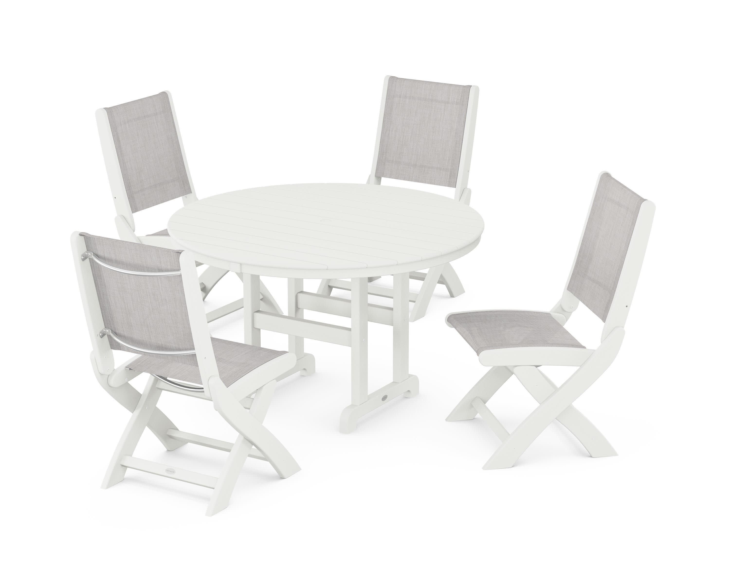 Coastal Folding Side Chair 5-Piece Round Dining Set in Vintage White / Parchment Sling
