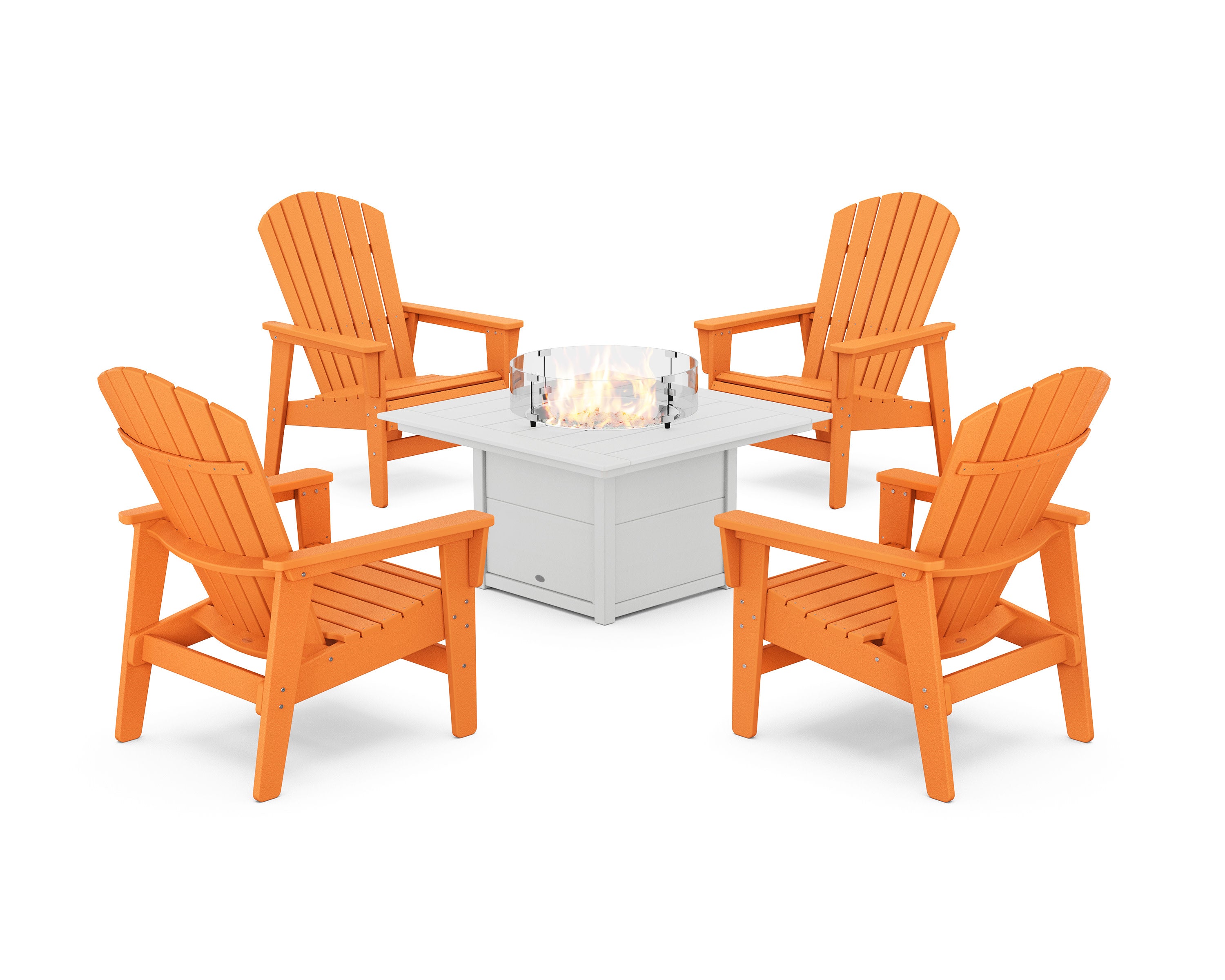 5-Piece Nautical Grand Upright Adirondack Conversation Set with Fire Pit Table in Tangerine / White