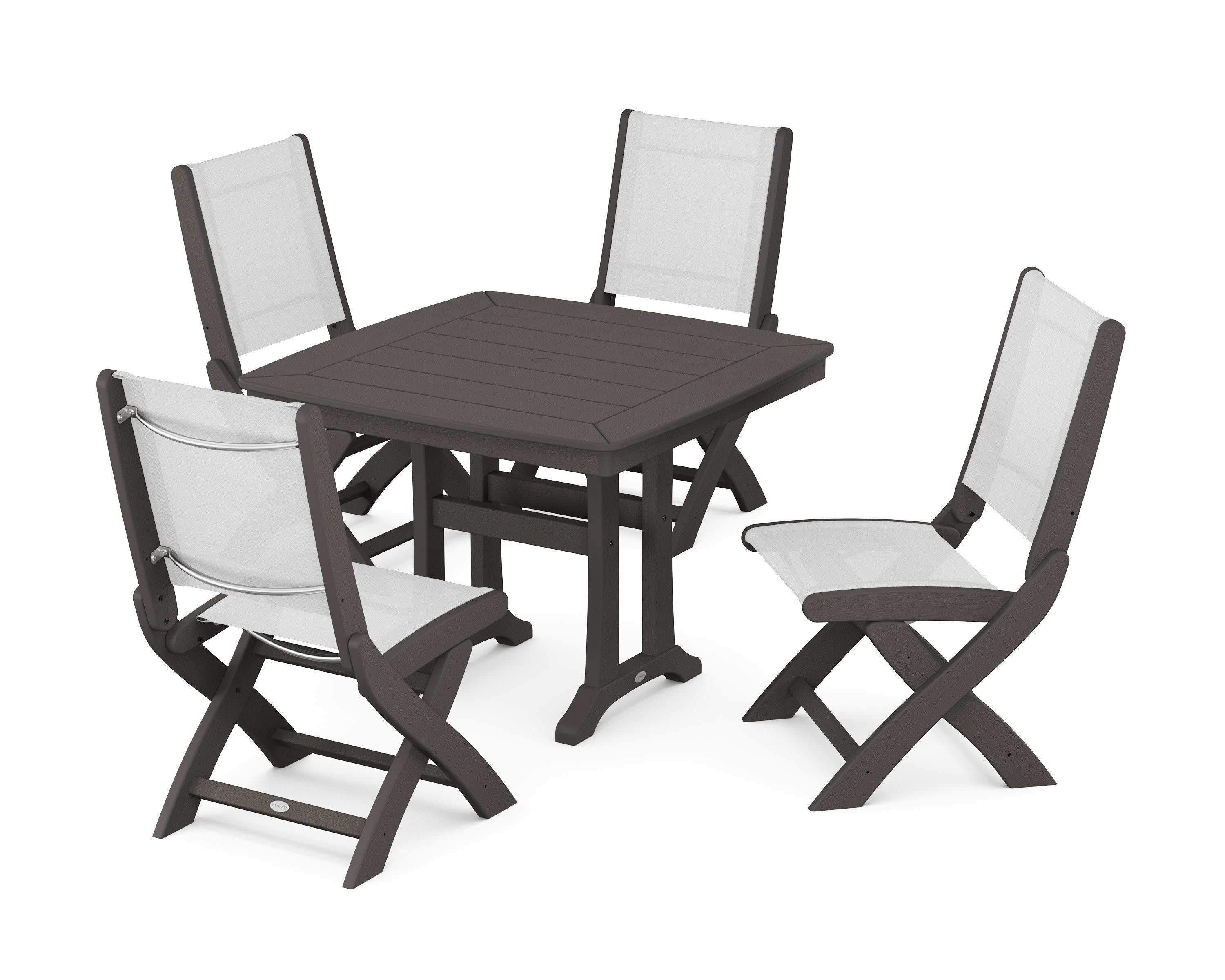 Coastal Folding Side Chair 5-Piece Dining Set with Trestle Legs in Vintage Coffee / White Sling