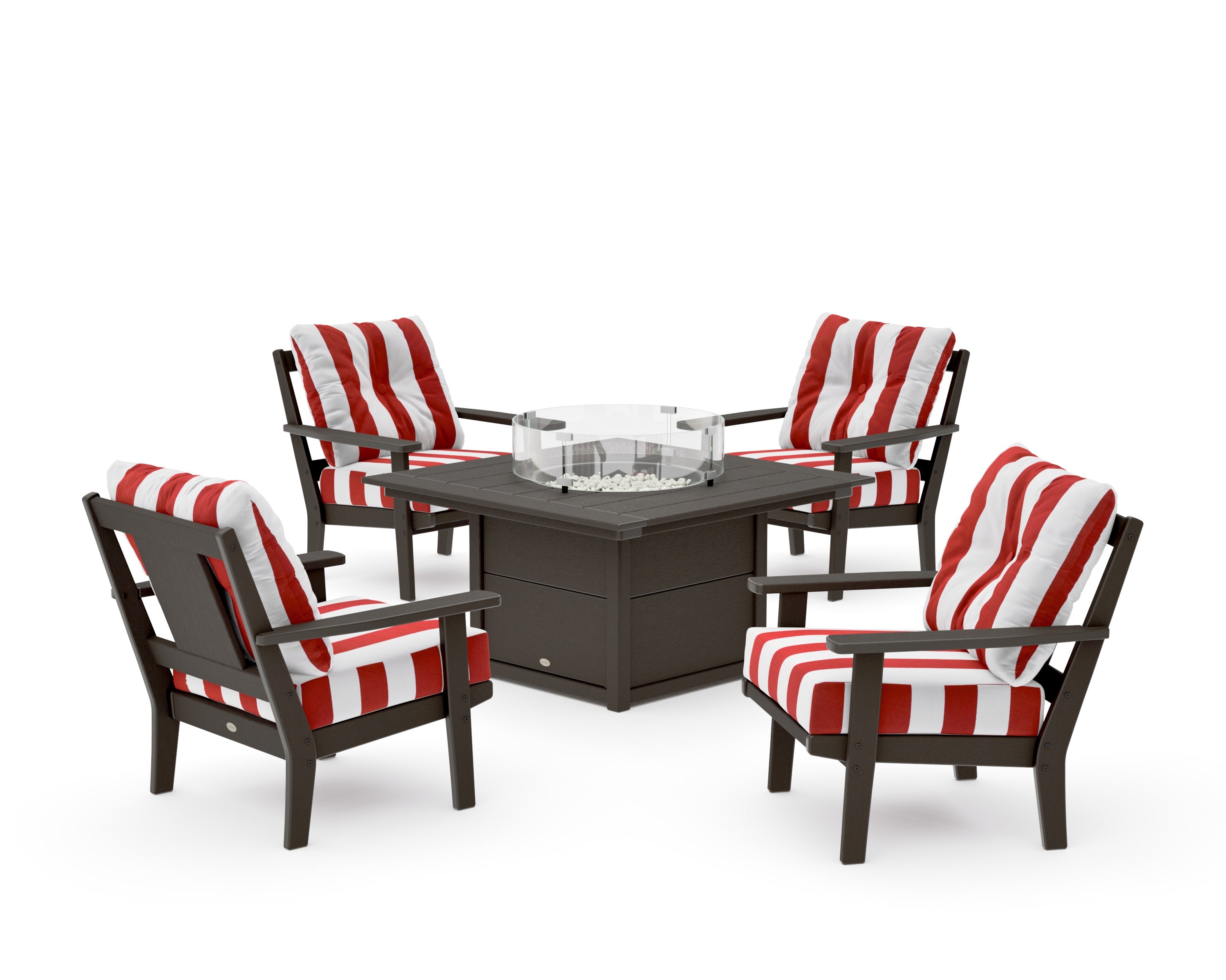 Prairie 5-Piece Deep Seating Set with Fire Pit Table in Vintage Coffee / Cabana Stripe Crimson
