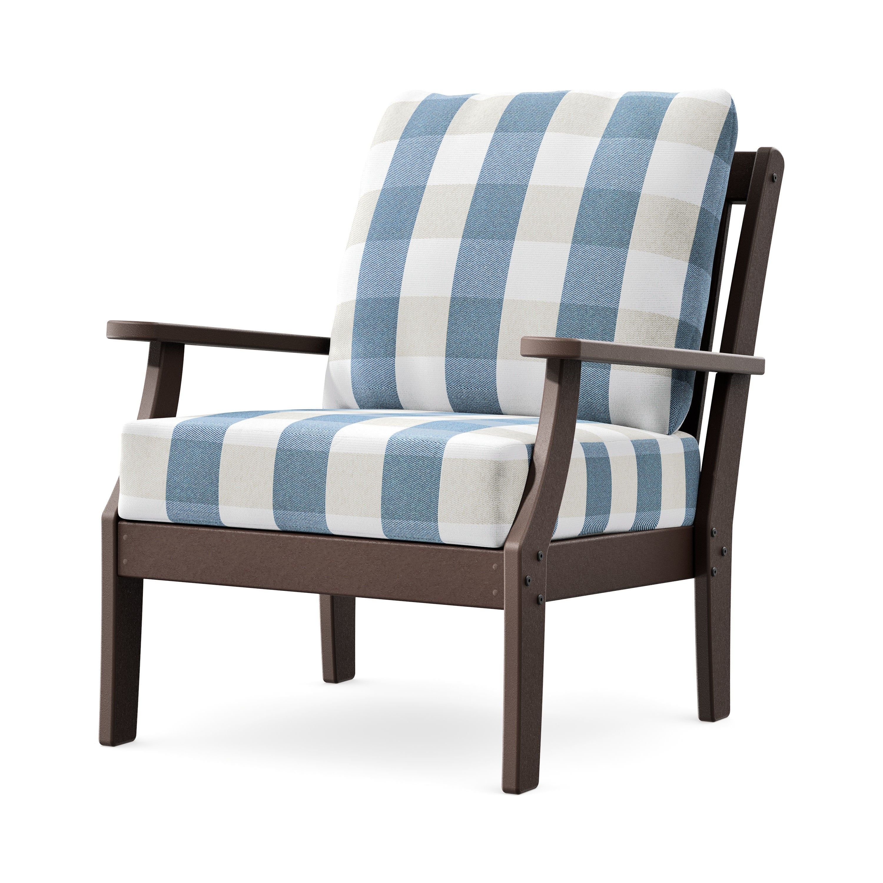 Braxton Deep Seating Chair in Mahogany / Buffalo Plaid Sky Blue
