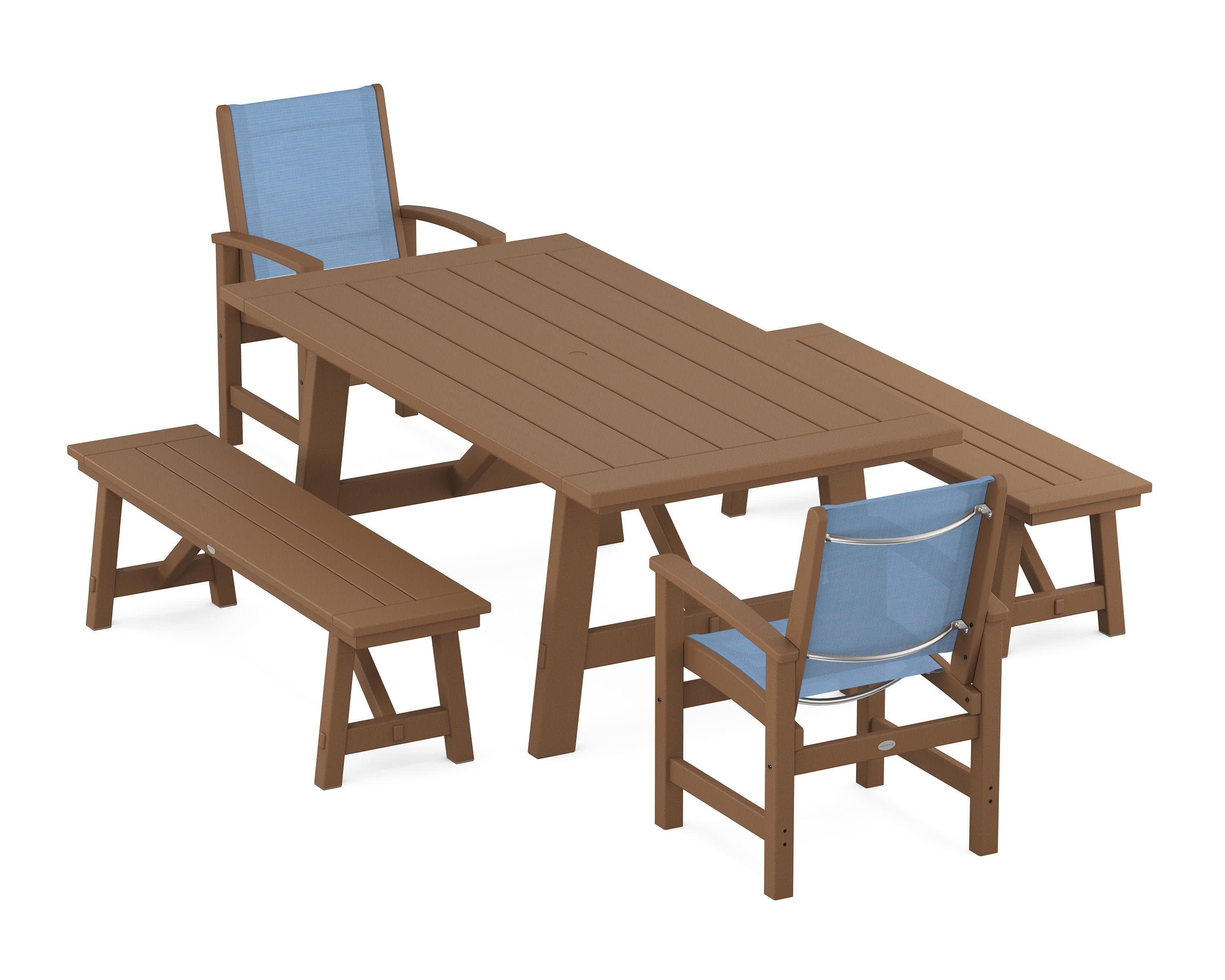 Coastal 5-Piece Rustic Farmhouse Dining Set With Benches in Teak / Poolside Sling