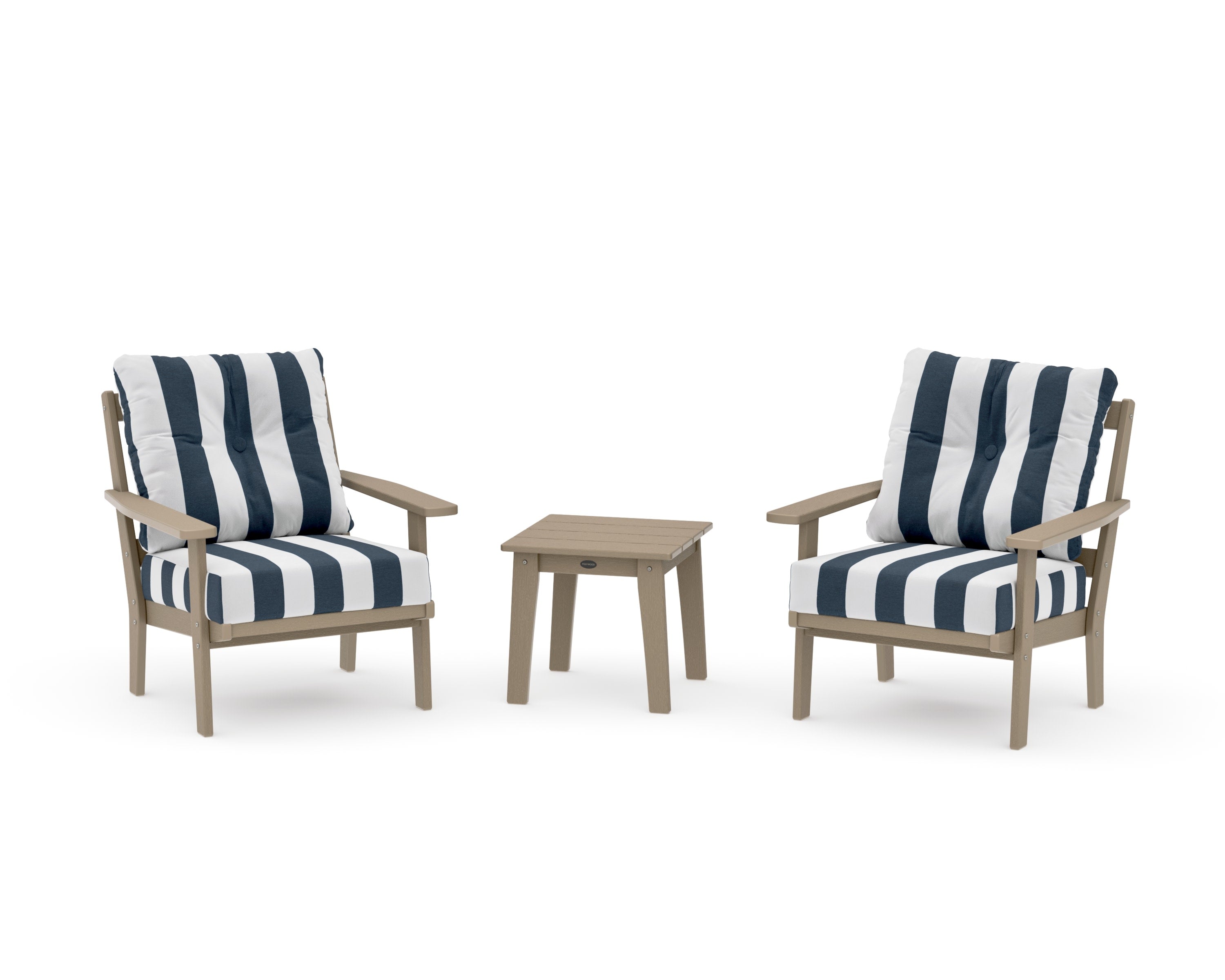Oxford 3-Piece Deep Seating Set in Vintage Sahara / Cabana Stripe Marine Indigo