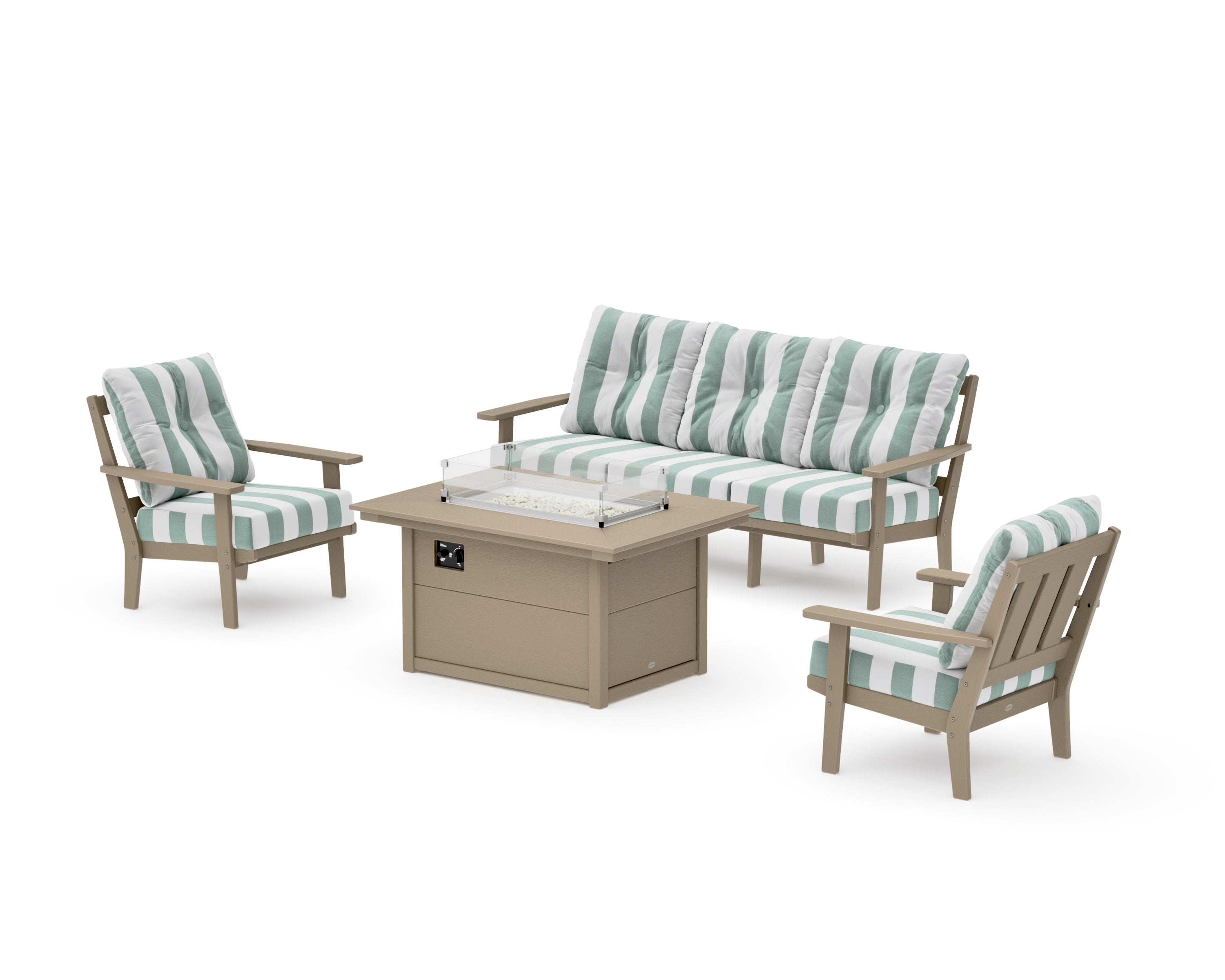 Oxford Deep Seating Fire Pit Table Set in Vintage Sahara / Cabana Stripe Glacier Spa