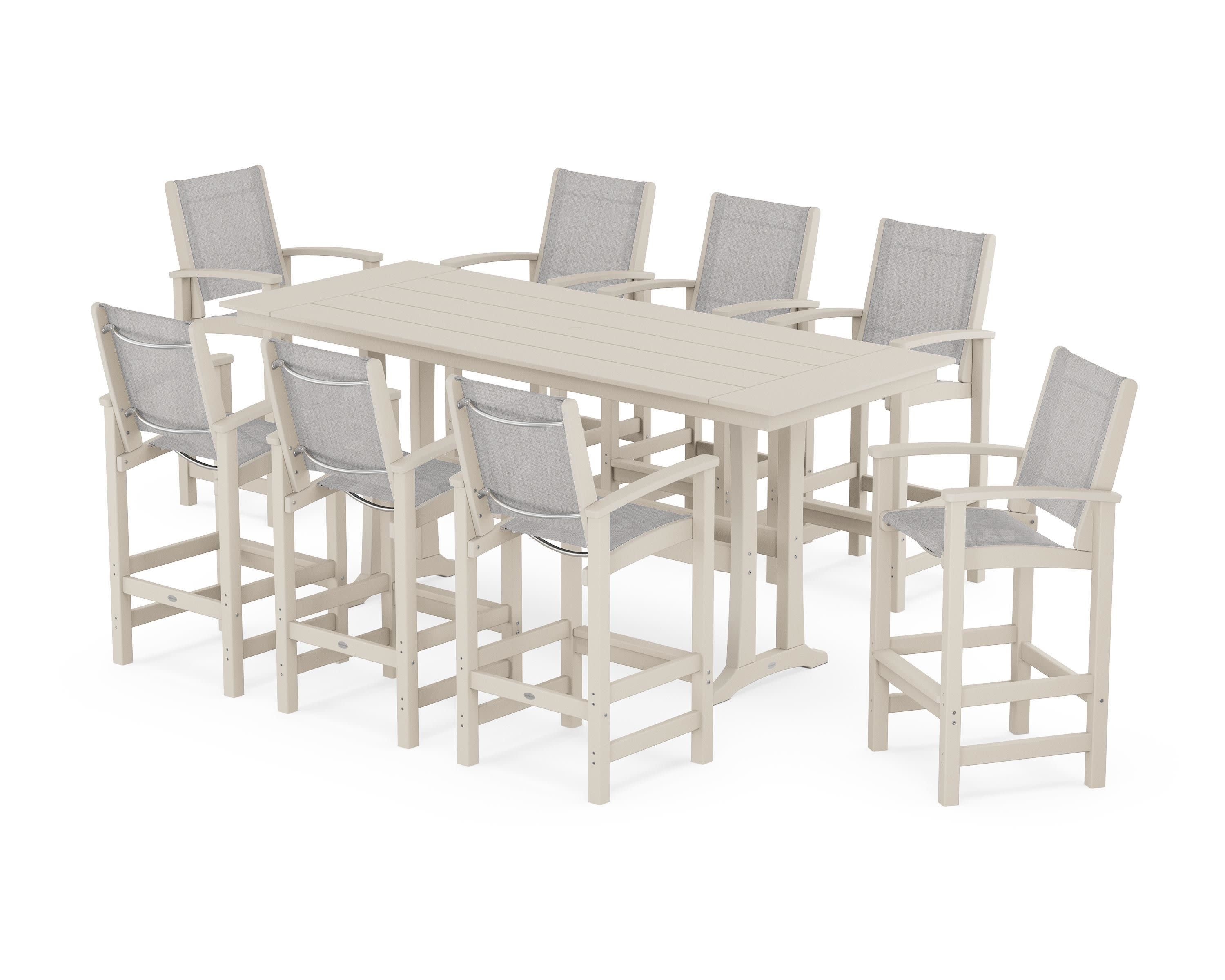 Coastal 9-Piece Farmhouse Bar Set with Trestle Legs in Sand / Parchment Sling