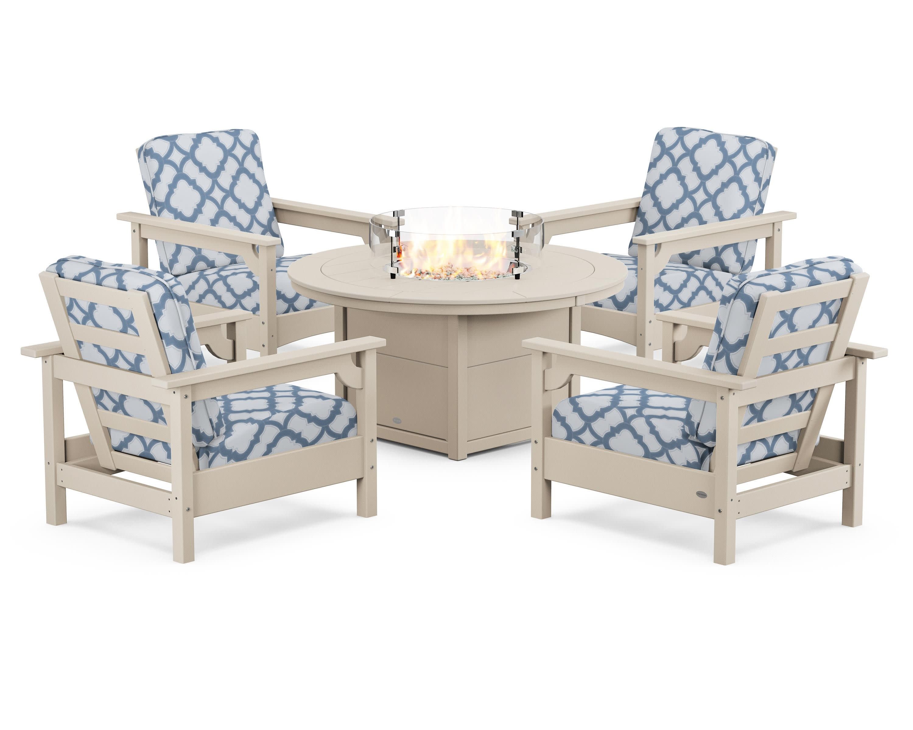 Club 5-Piece Conversation Set with Fire Pit Table in Sand / Trellis Sky Blue