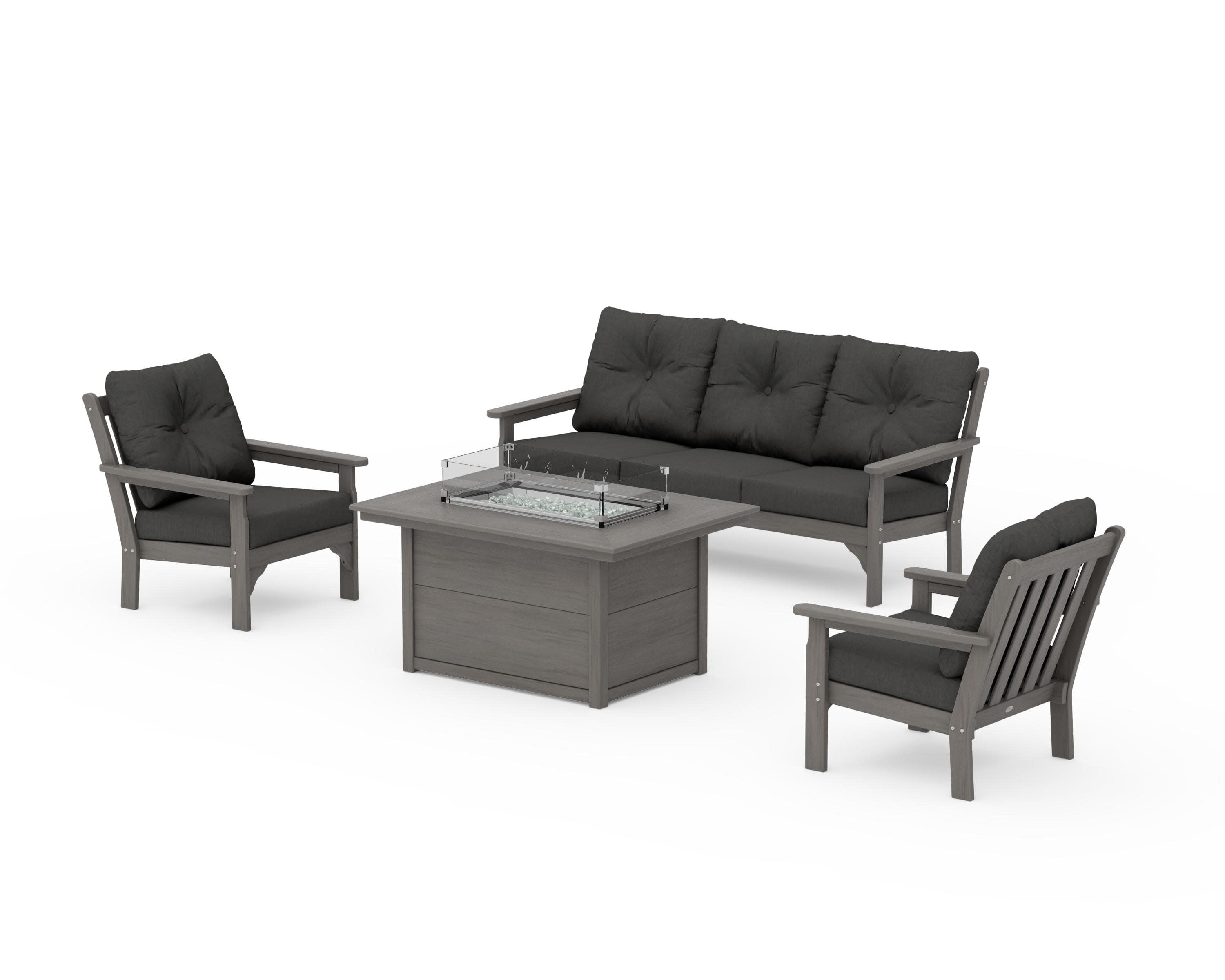 Vineyard Deep Seating Fire Pit Table Set in Driftwood / Spectrum Carbon