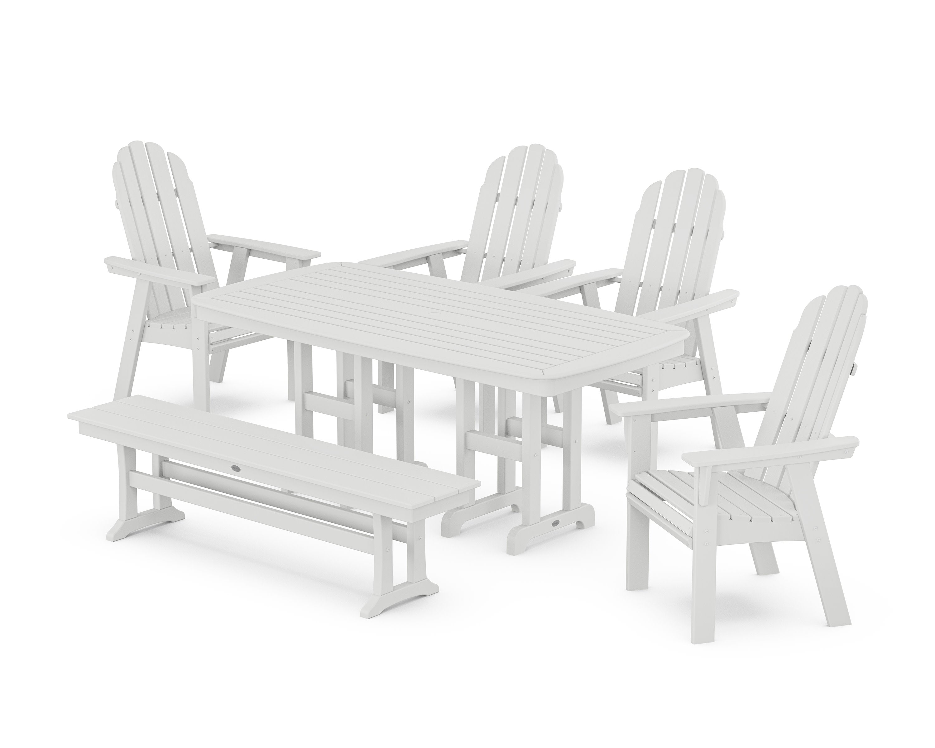 Vineyard Curveback Adirondack Chair 6-Piece Dining Set with Bench in White