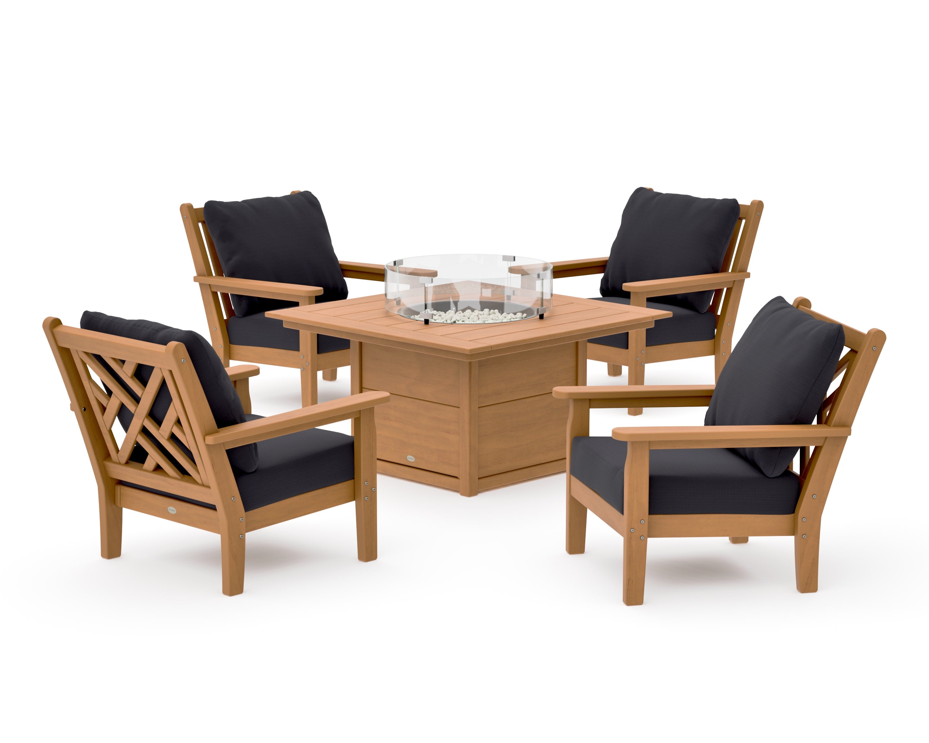 Chippendale 5-Piece Deep Seating Set with Fire Pit Table in Natural / Midnight Linen