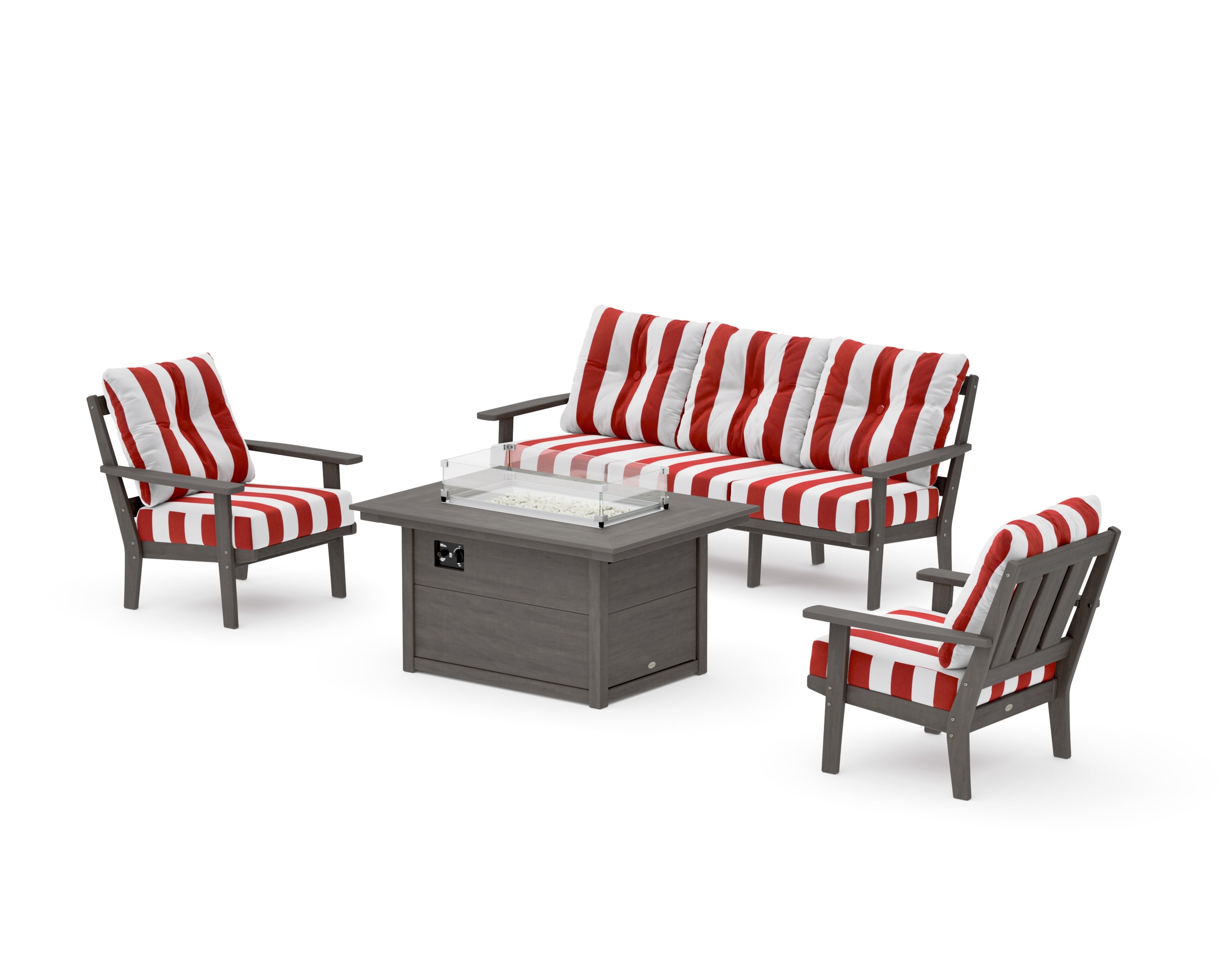 Oxford Deep Seating Fire Pit Table Set in Driftwood / Cabana Stripe Crimson