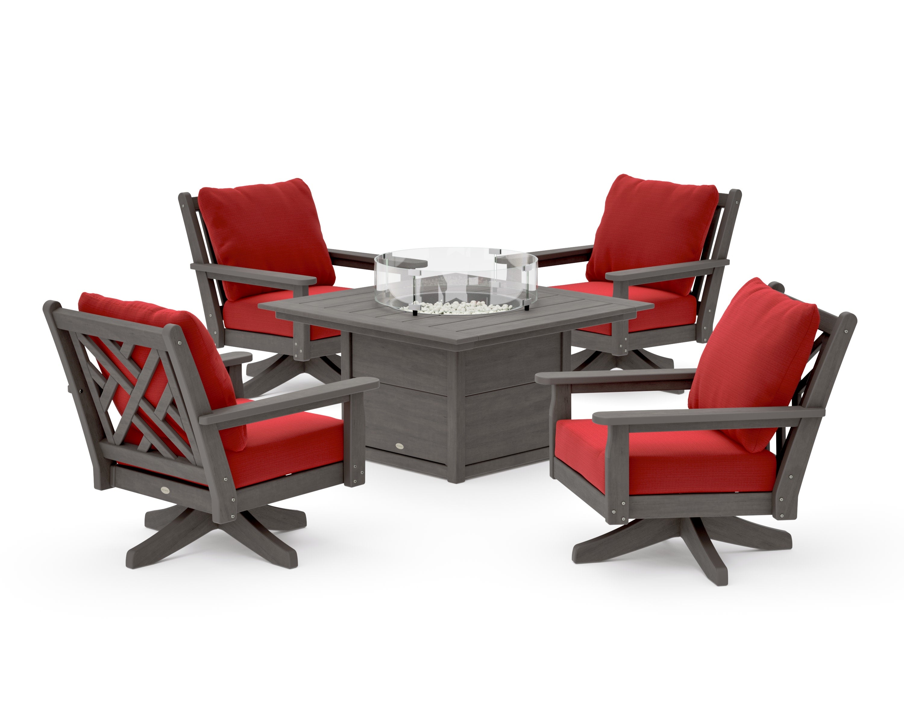 Chippendale 5-Piece Deep Seating Swivel Conversation Set with Fire Pit Table in Driftwood / Crimson Linen