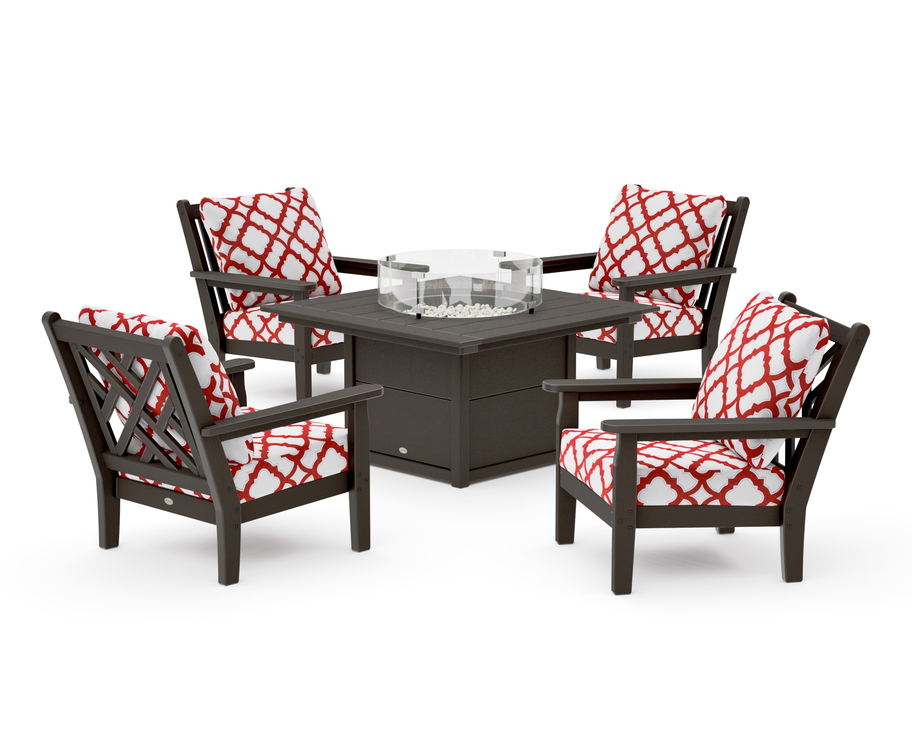 Chippendale 5-Piece Deep Seating Set with Fire Pit Table in Vintage Coffee / Trellis Crimson