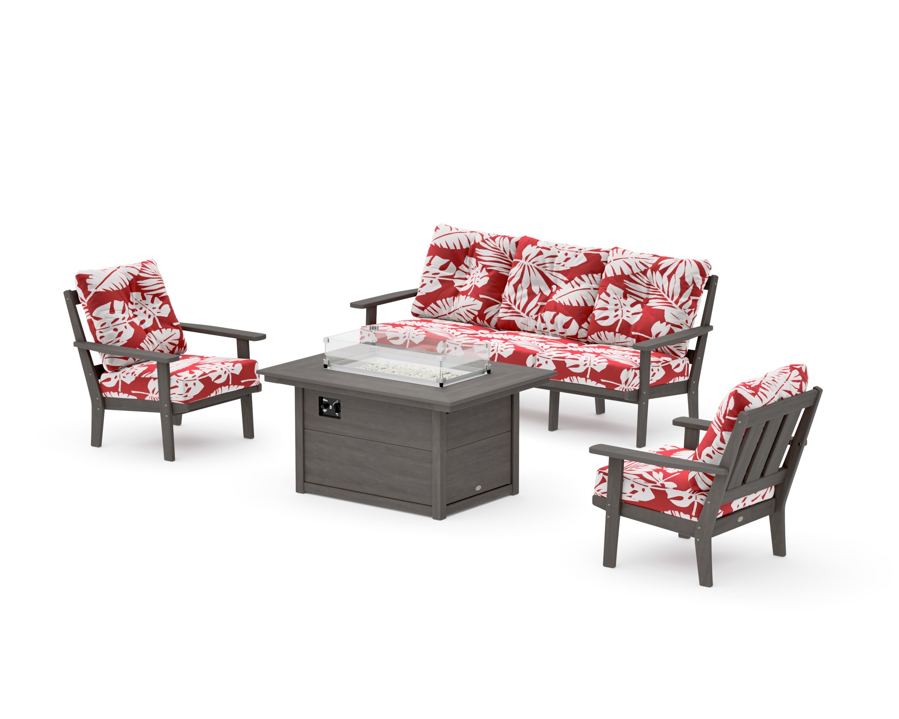 Oxford Deep Seating Fire Pit Table Set in Driftwood / Leaf Crimson