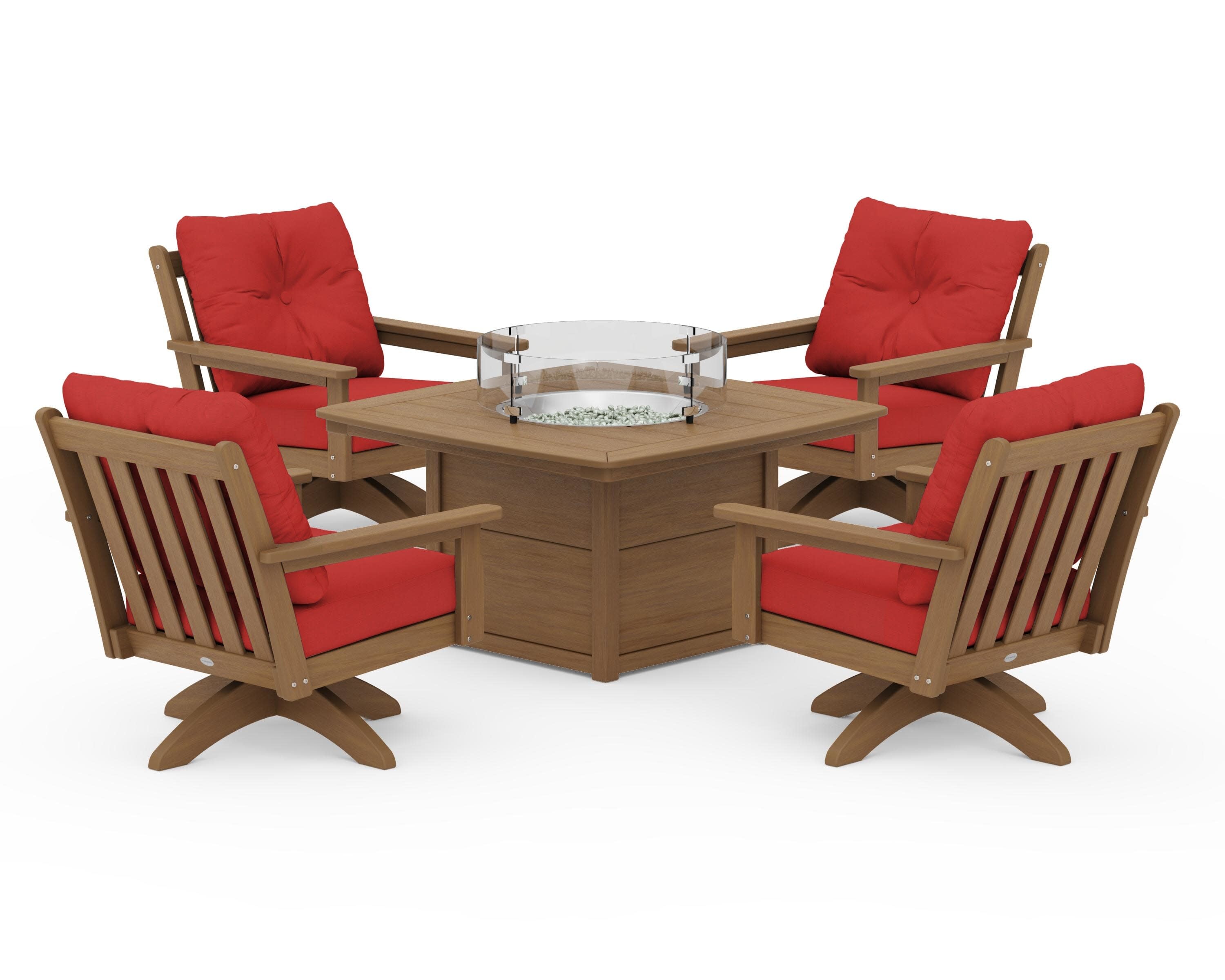 Vineyard 5-Piece Deep Seating Swivel Conversation Set with Fire Pit Table in Natural / Crimson Linen