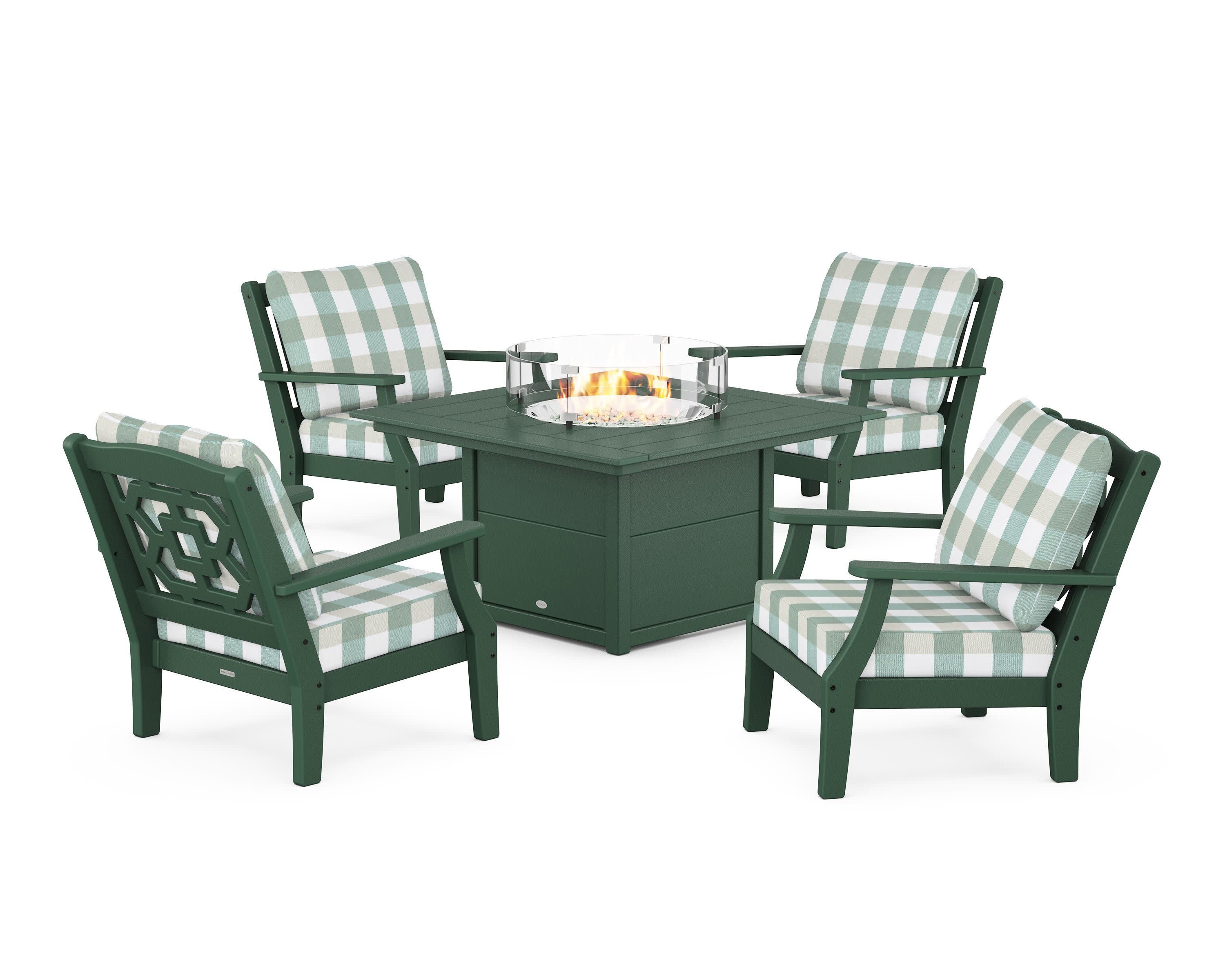 Chinoiserie 5-Piece Deep Seating Set with Fire Pit Table in Green / Buffalo Plaid Glacier Spa