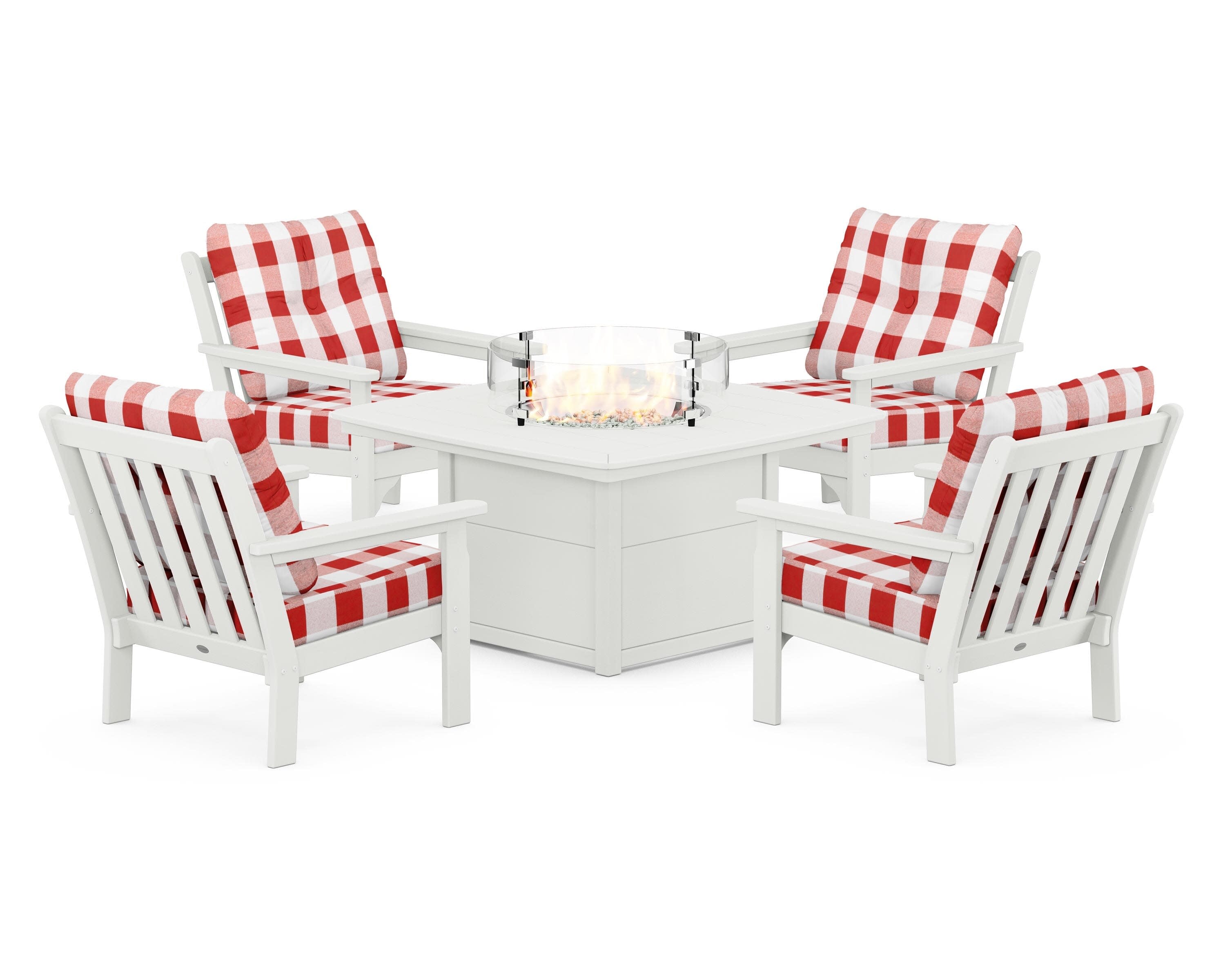 Vineyard 5-Piece Conversation Set with Fire Pit Table in Vintage White / Buffalo Plaid Crimson