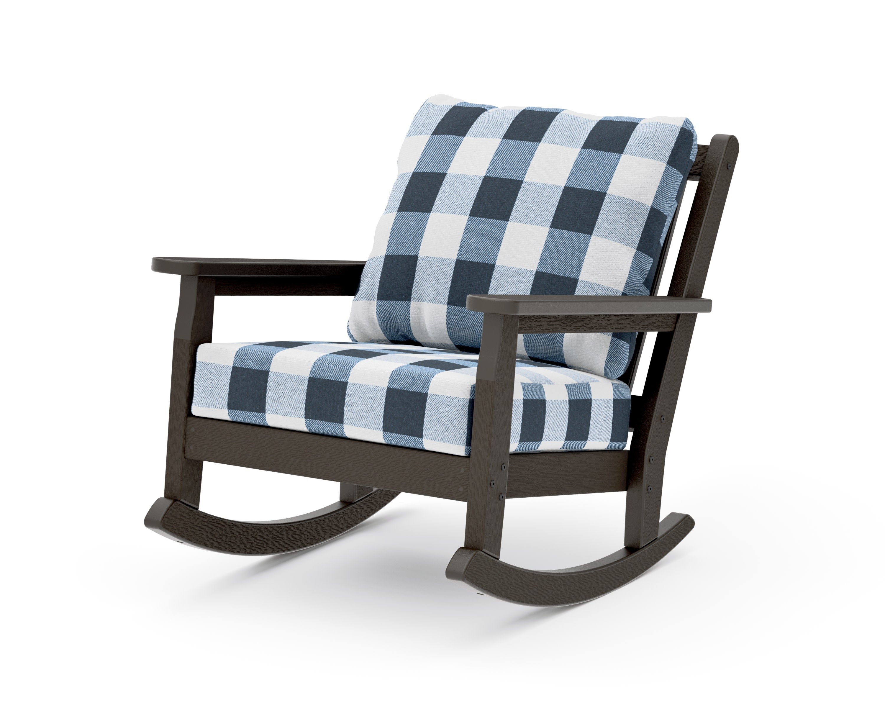 Chippendale Deep Seating Rocking Chair in Vintage Coffee / Buffalo Plaid Marine Indigo