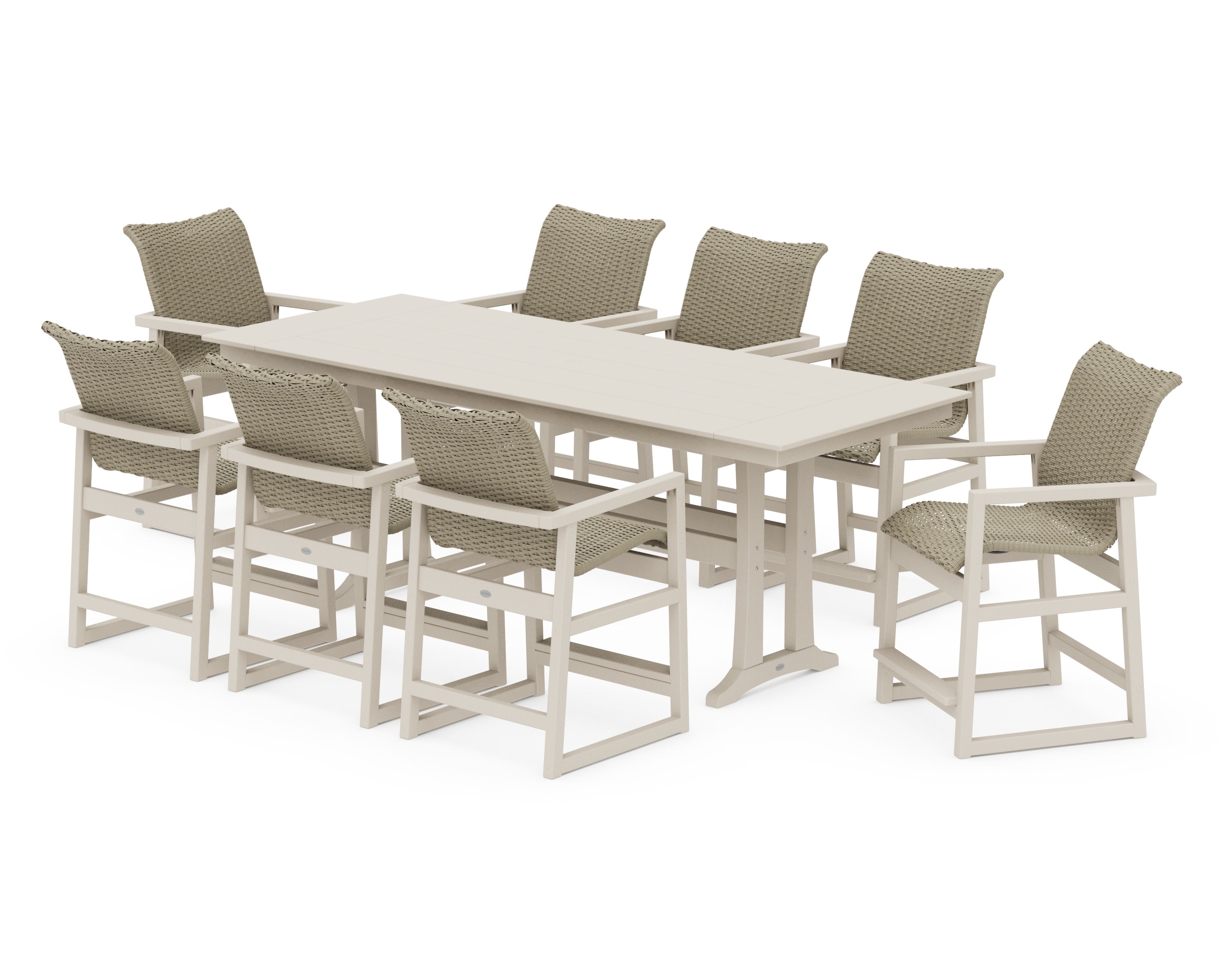 EDGE Woven 9-Piece Farmhouse Counter Set with Trestle Legs in Sand / Dune Grass