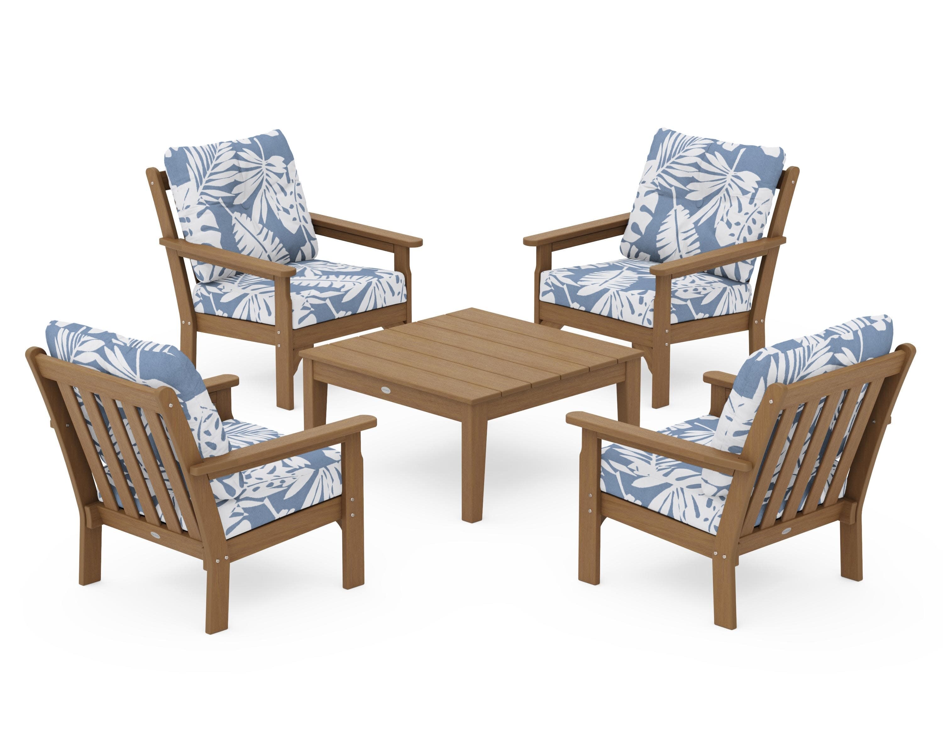 Vineyard 5-Piece Deep Seating Conversation Set in Natural / Leaf Sky Blue
