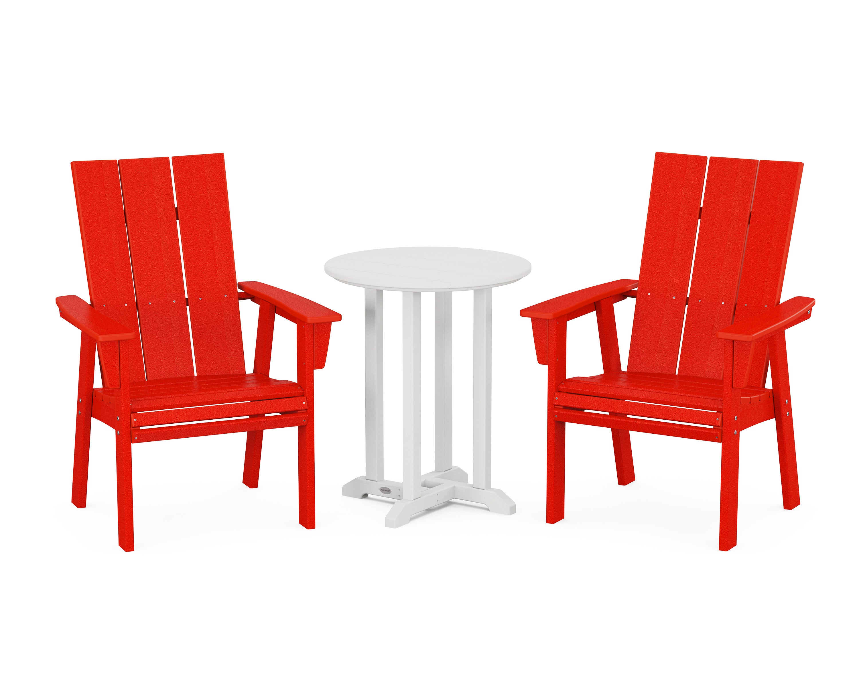 Modern Curveback Adirondack 3-Piece Round Bistro Dining Set in Sunset Red / White