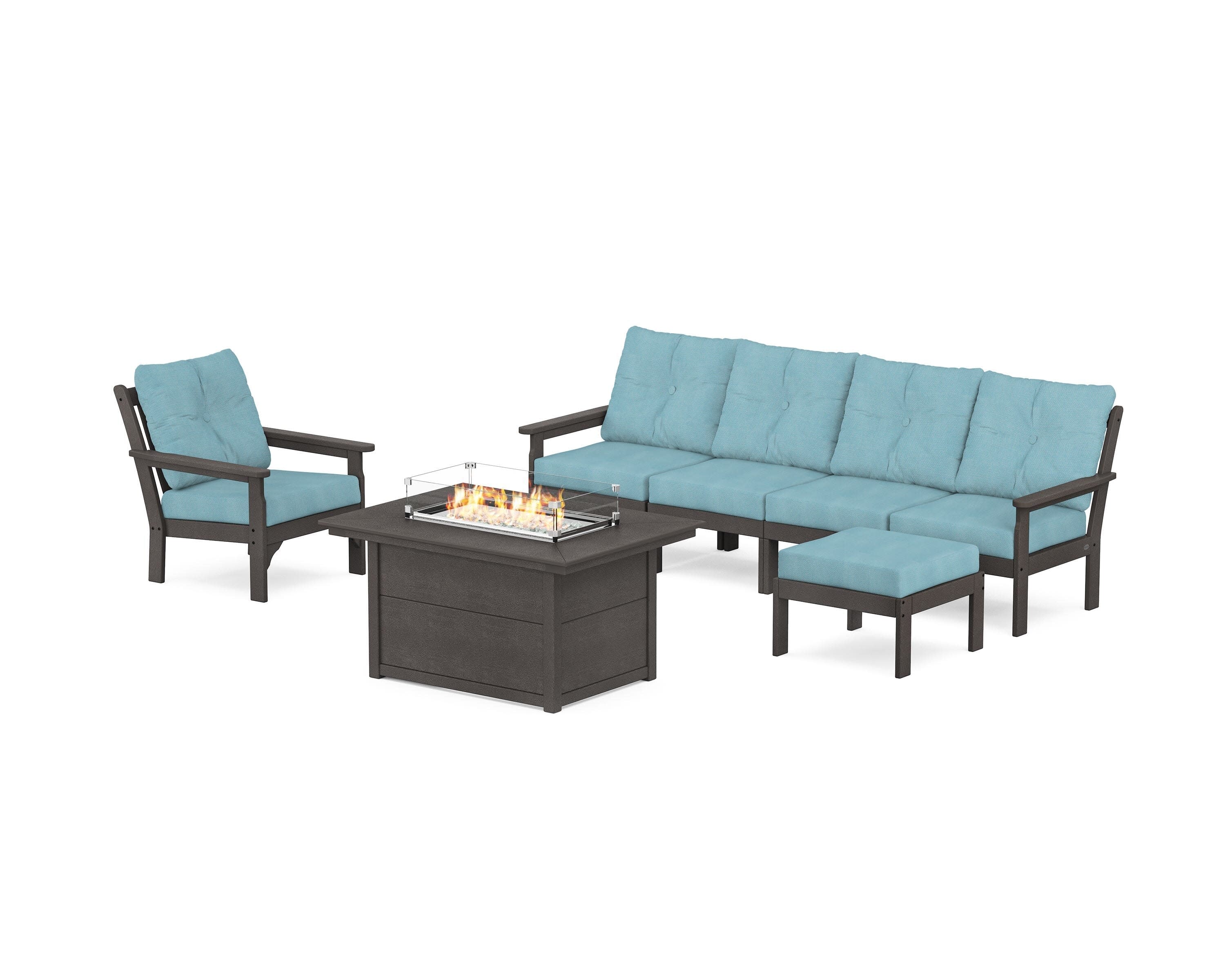 Vineyard Sectional Lounge and Fire Pit Set in Vintage Coffee / Lattice Sky Blue