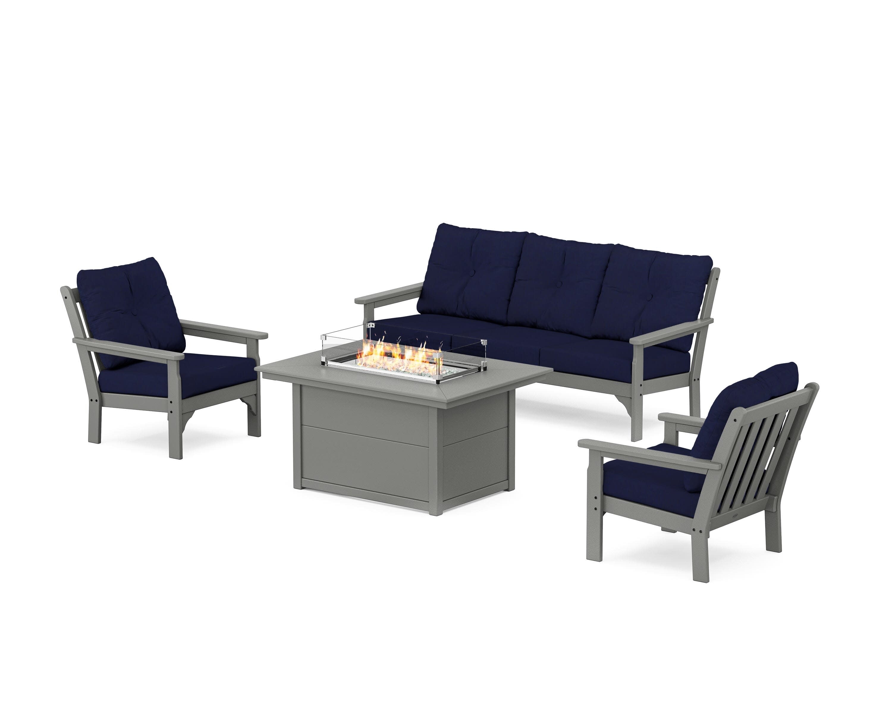 Vineyard Deep Seating Fire Pit Table Set in Slate Grey / Navy