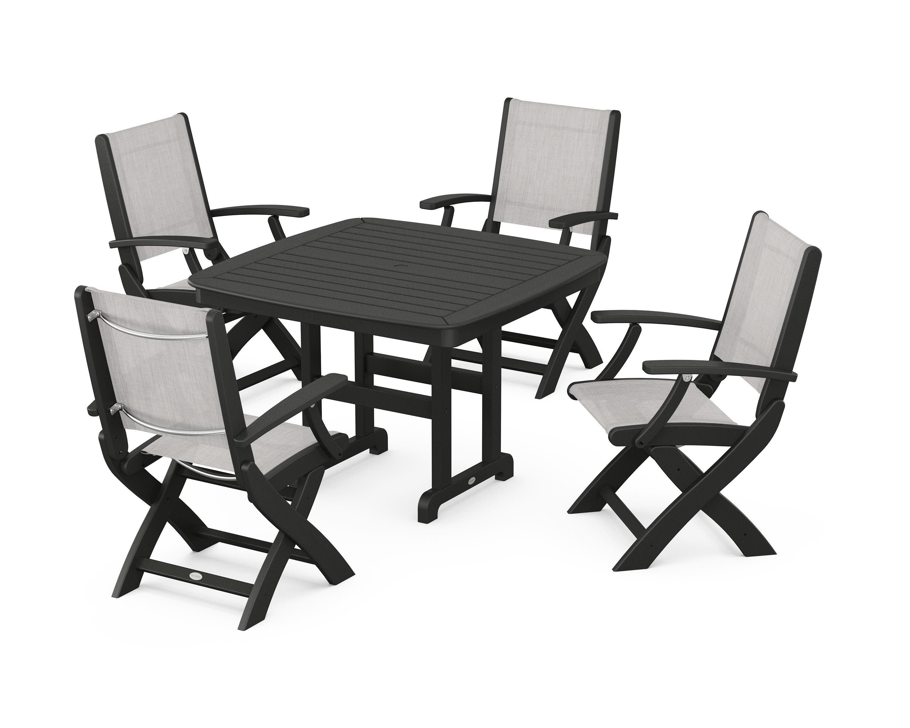 Coastal Folding Chair 5-Piece Dining Set in Black / Parchment Sling