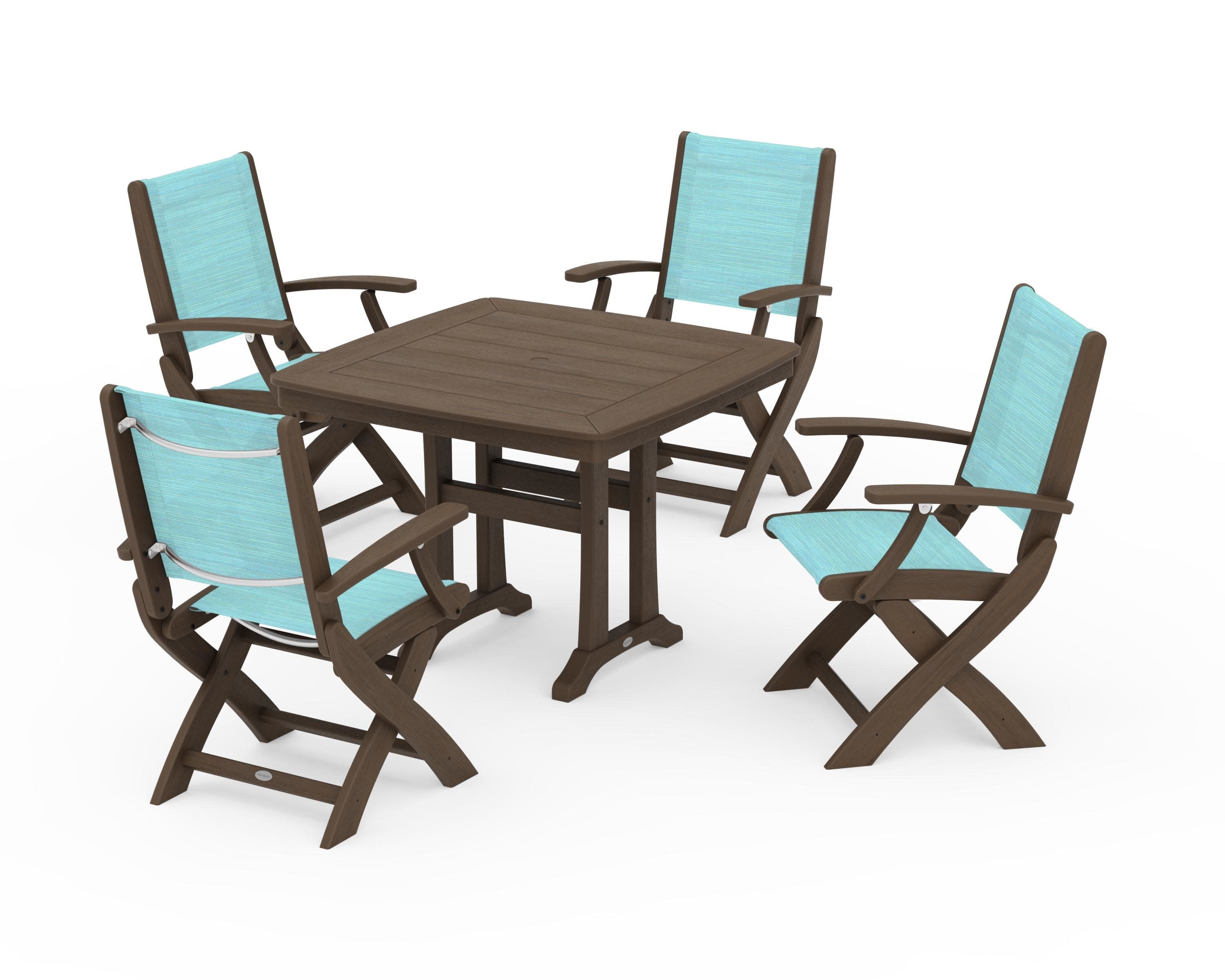 Coastal Folding Chair 5-Piece Dining Set with Trestle Legs in Kona / Dupioni Aquamarine Sling
