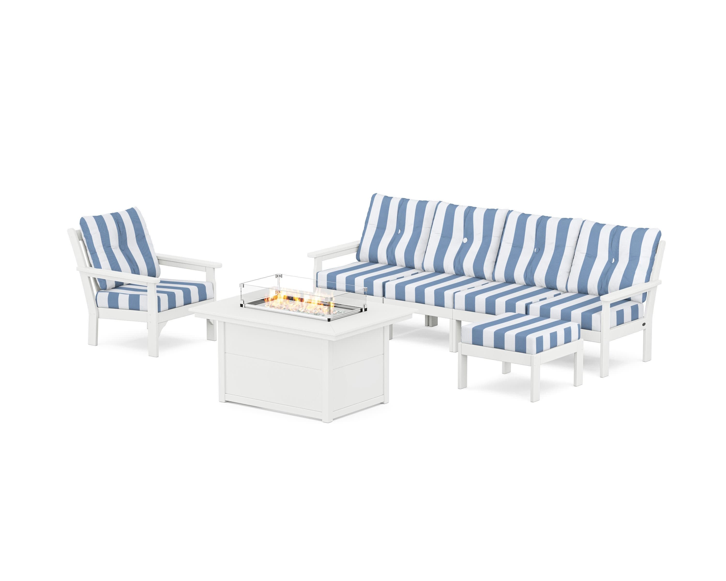 Vineyard Sectional Lounge and Fire Pit Set in White / Cabana Stripe Sky Blue